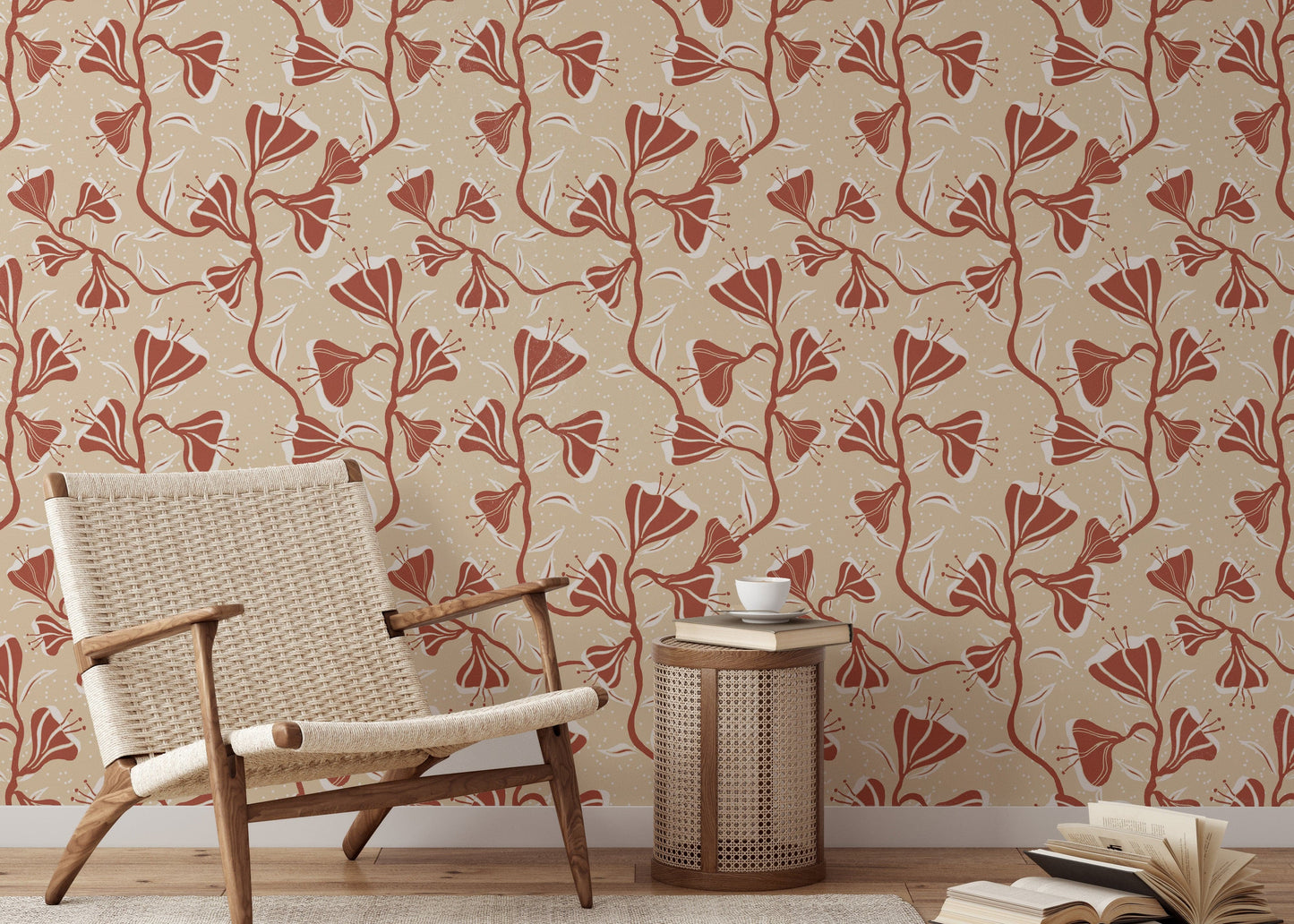 Vintage-style vine wallpaper in cozy neutral colors

