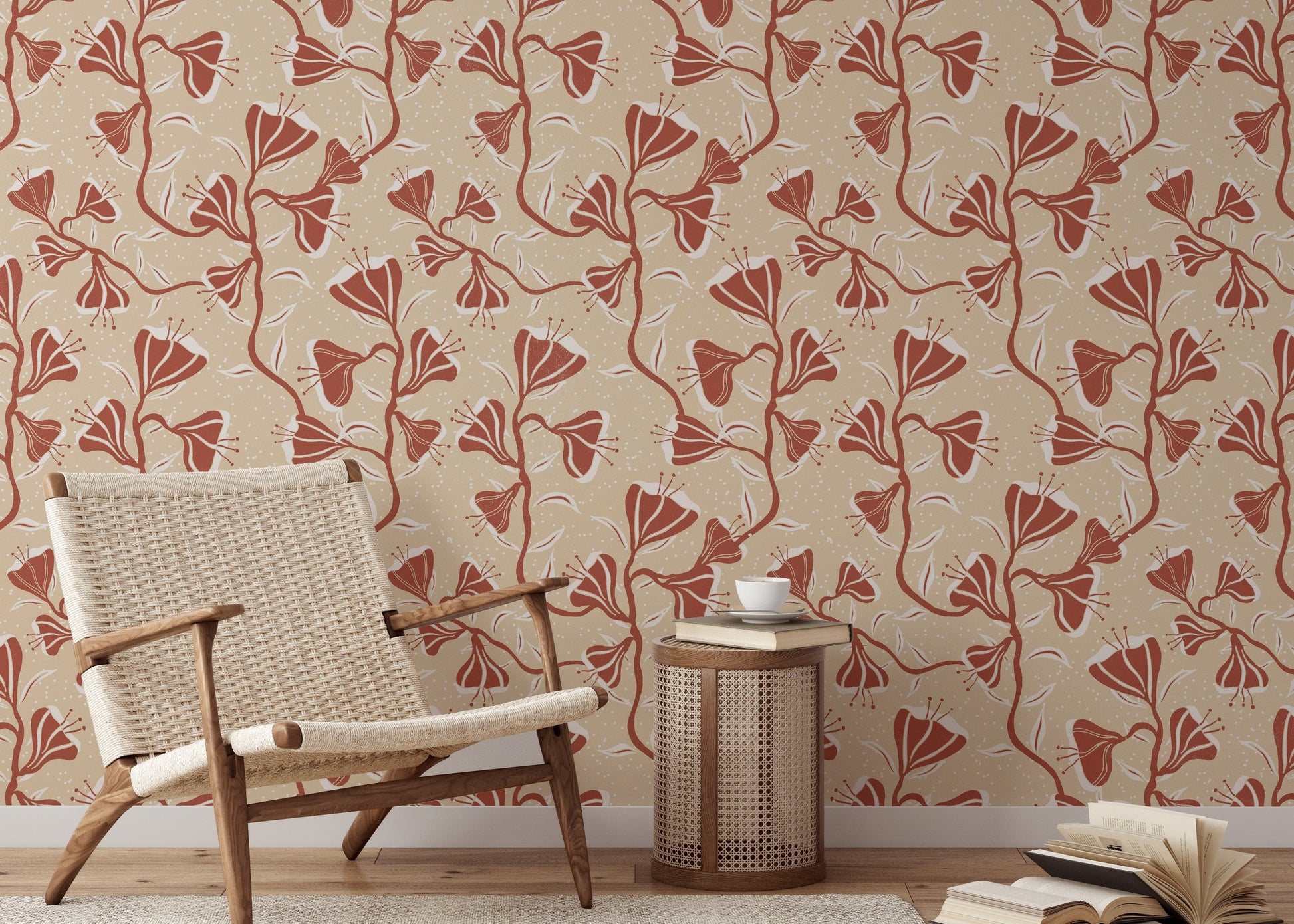 Vintage-style vine wallpaper in cozy neutral colors

