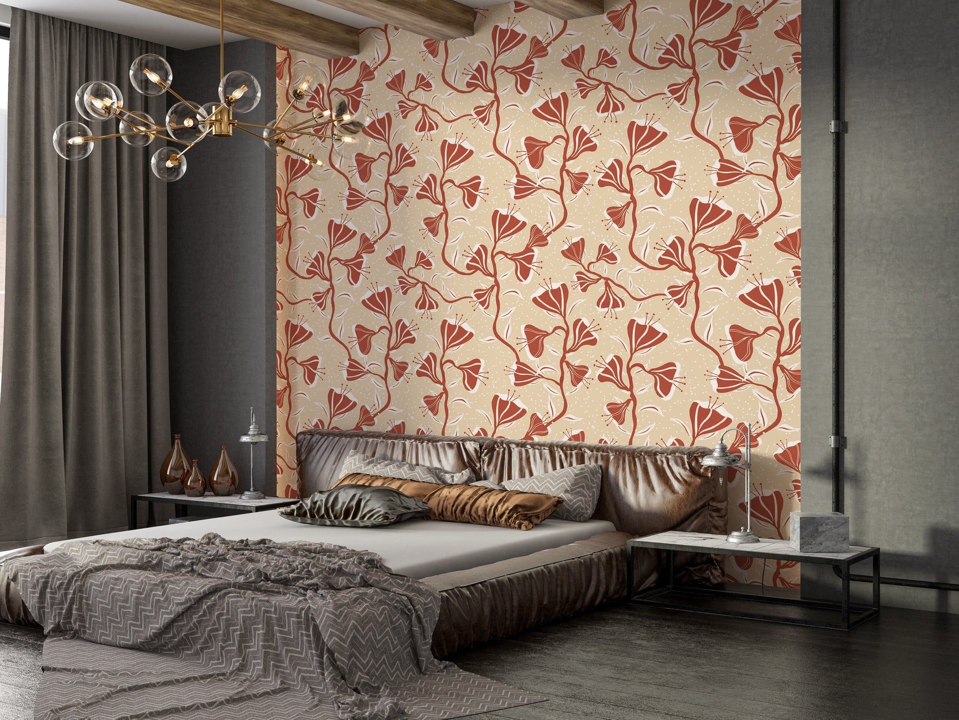 Botanical wallpaper with cream flowers and subtle vines

