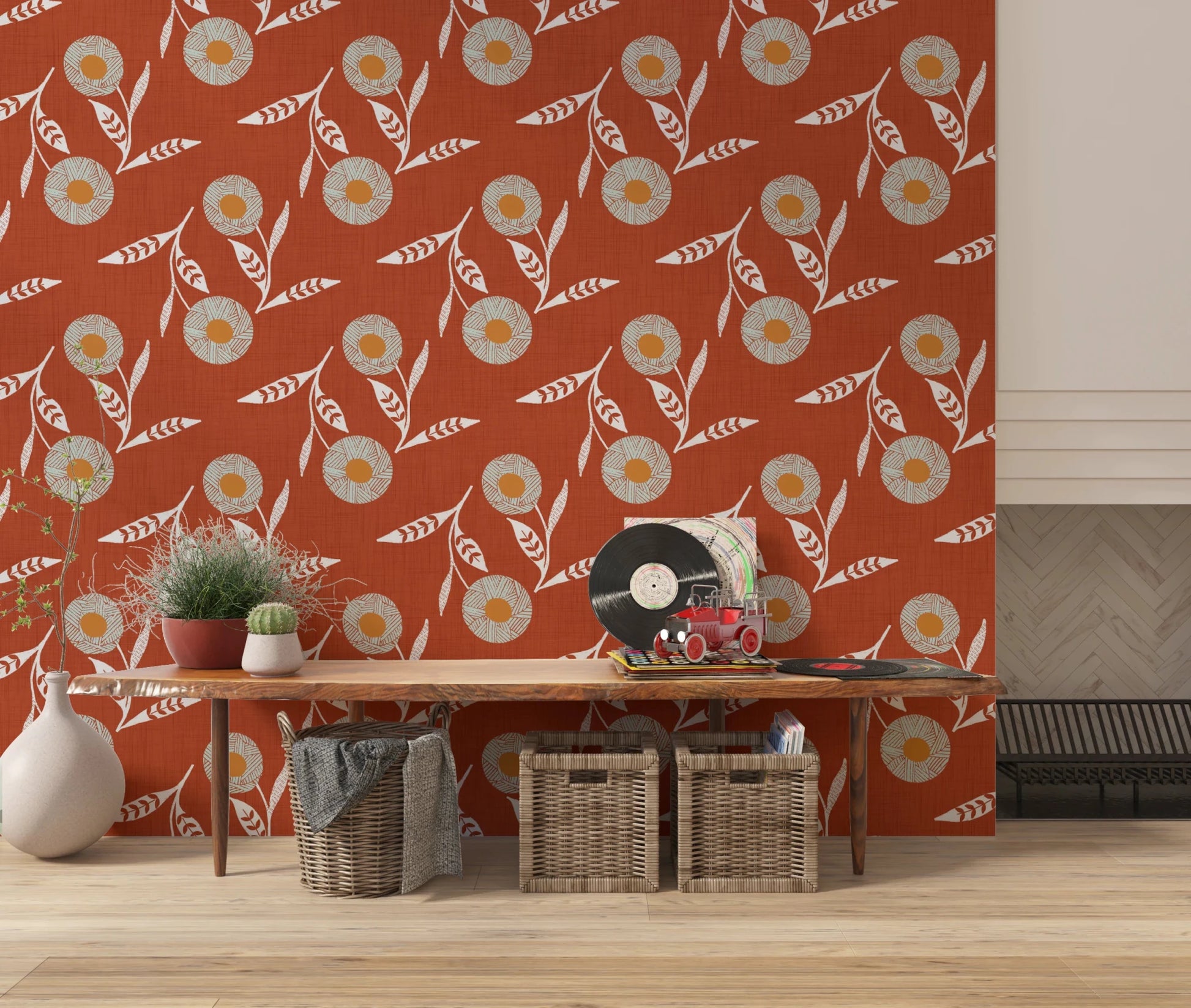 Cozy Scandi Flower Burnt Terracotta - Craft Botanical Wallpaper⁠