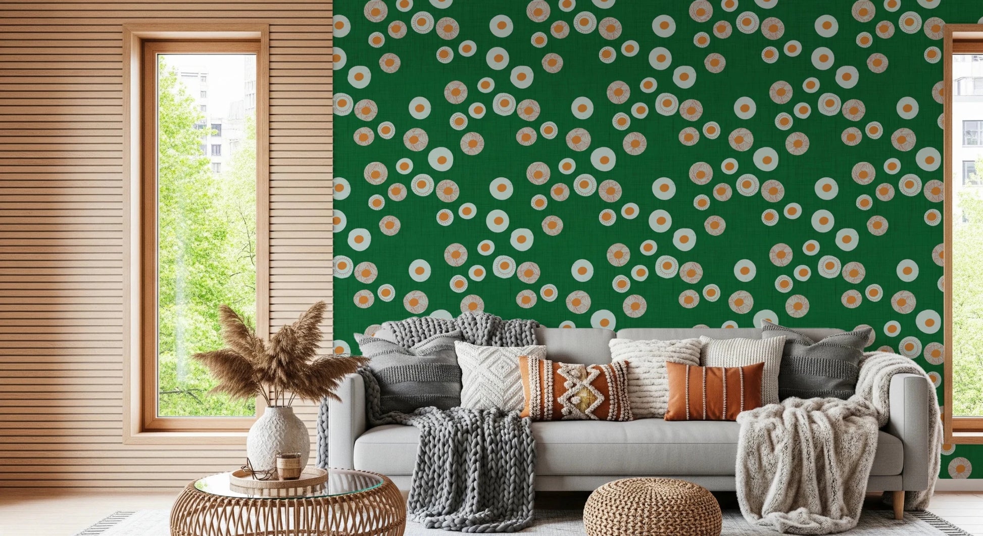 Cozy Scandi Folk Dot Floral Forest Green - Craft Circle Wallpaper⁠