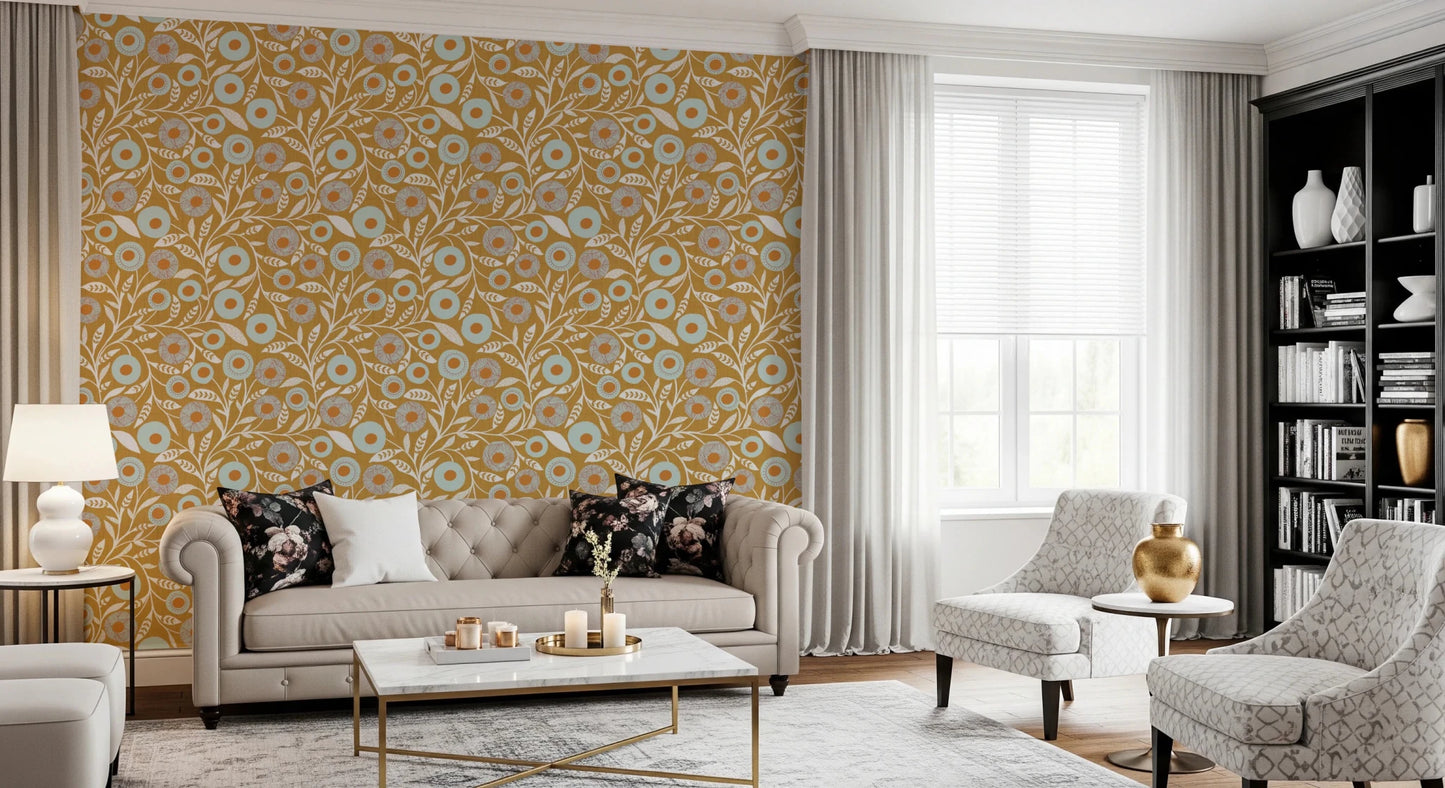 Cozy Scandi Folk Floral Honey Mustard - Craft Botanical Wallpaper⁠