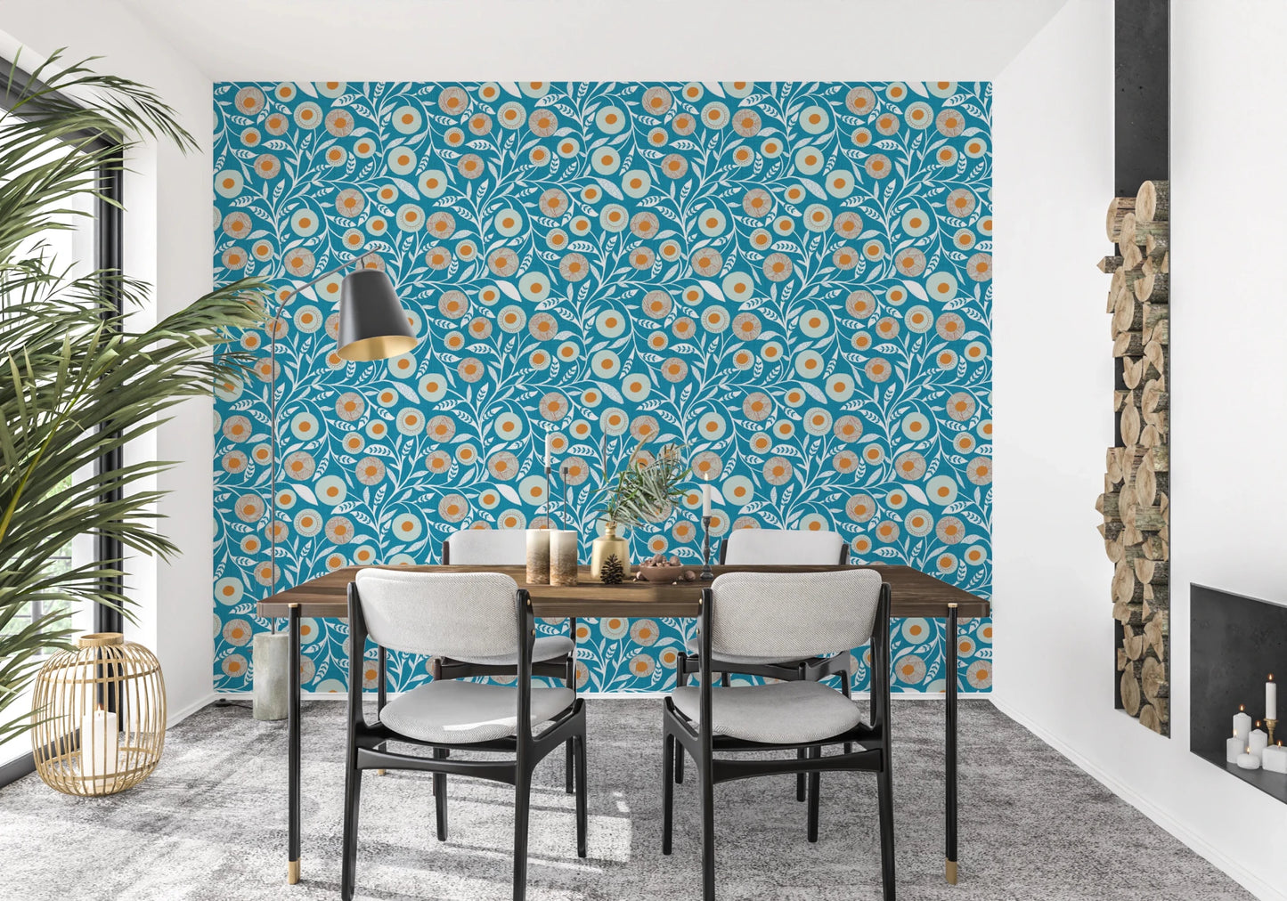 Cozy Scandi Folk Floral Nordic Teal - Craft Botanical Wallpaper⁠