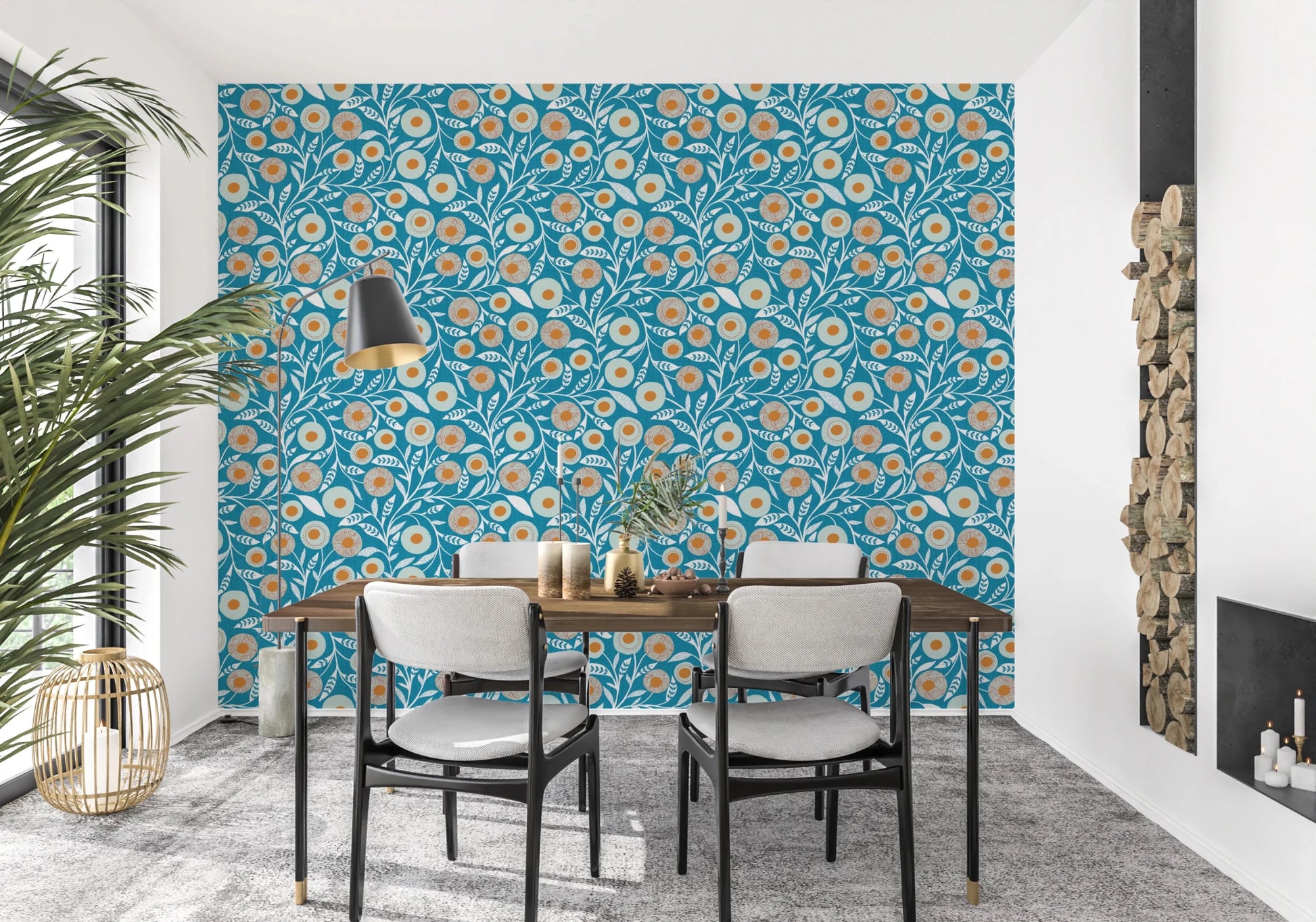 Cozy Scandi Folk Floral Nordic Teal - Craft Botanical Wallpaper⁠