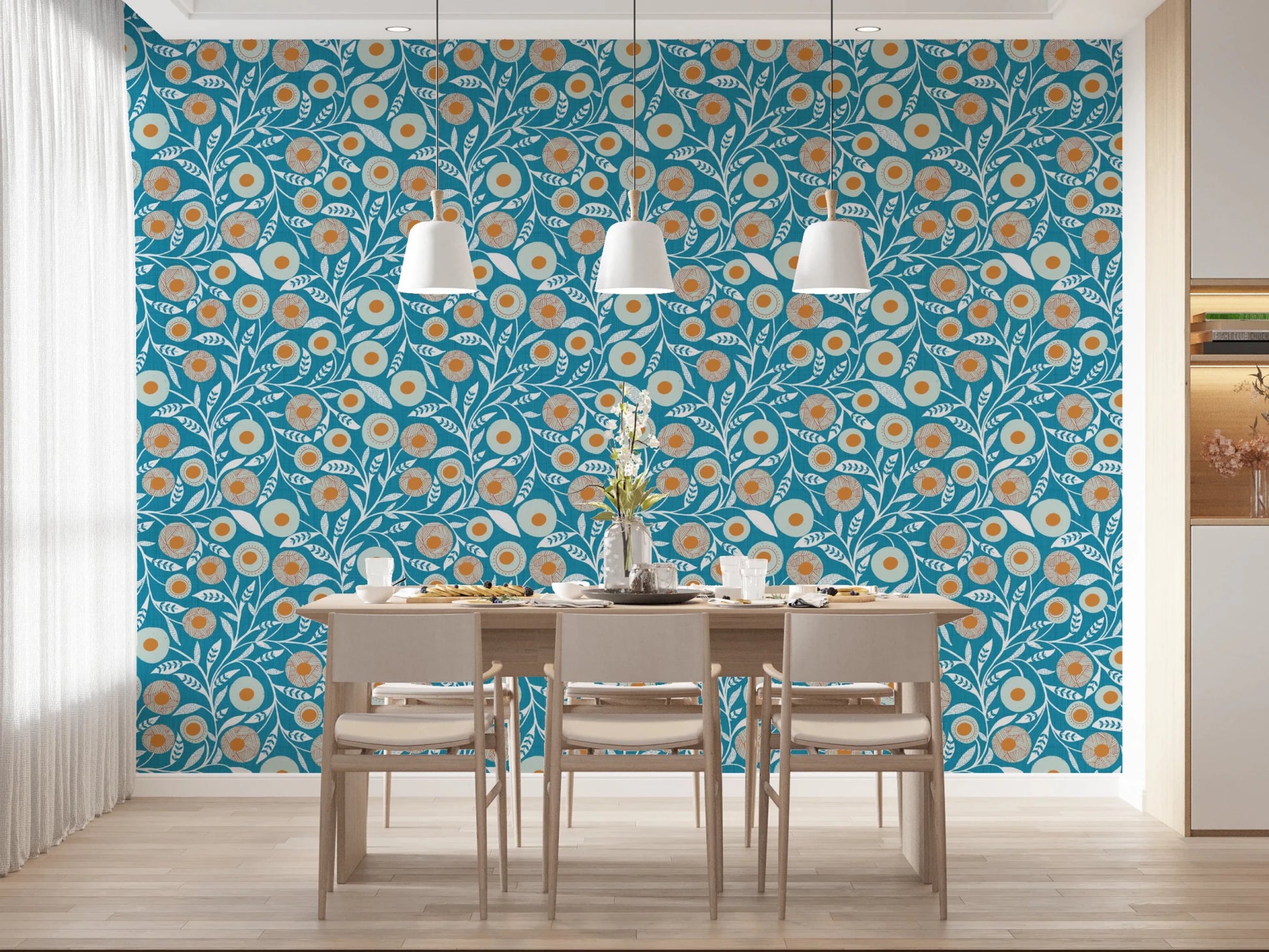 Cozy Scandi Folk Floral Nordic Teal - Craft Botanical Wallpaper⁠