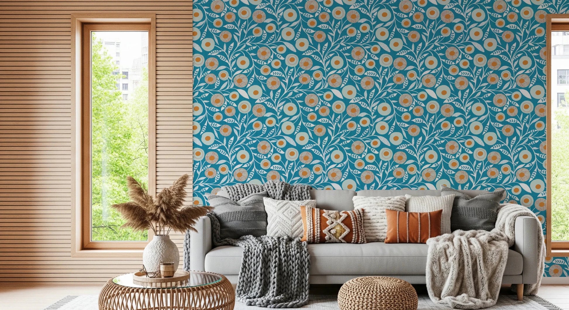 Cozy Scandi Folk Floral Nordic Teal - Craft Botanical Wallpaper⁠