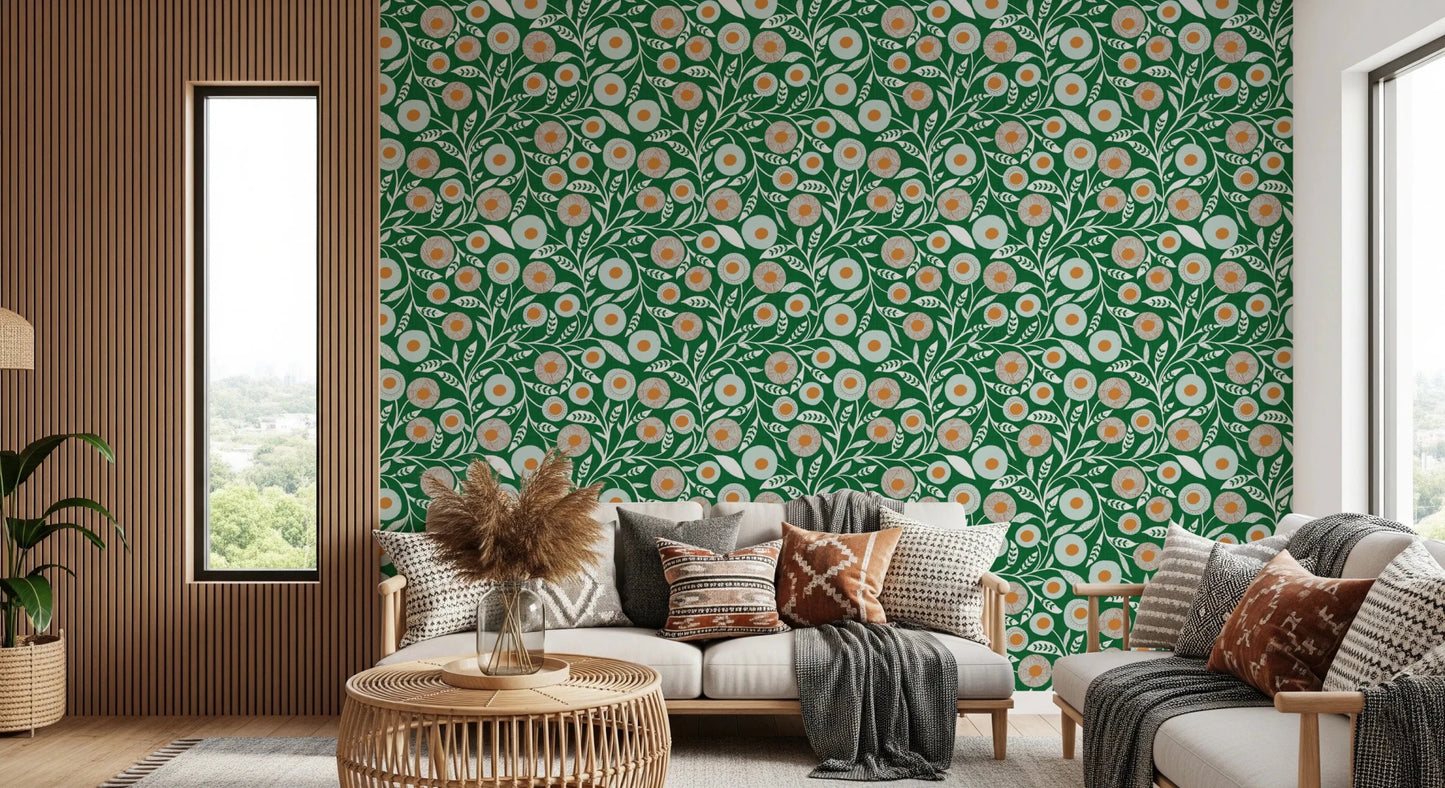 Cozy Scandi Folk Floral Olive Chartreuse - Craft Botanical Wallpaper⁠