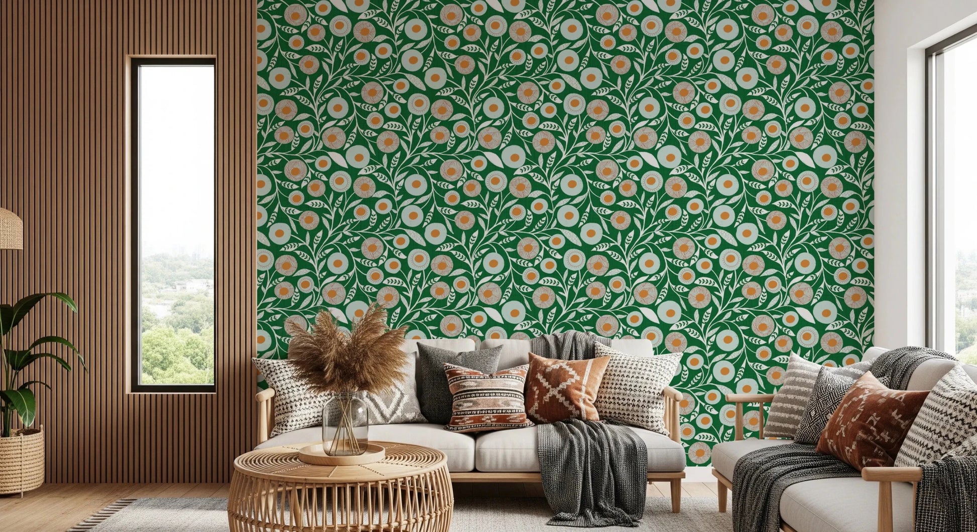Cozy Scandi Folk Floral Olive Chartreuse - Craft Botanical Wallpaper⁠