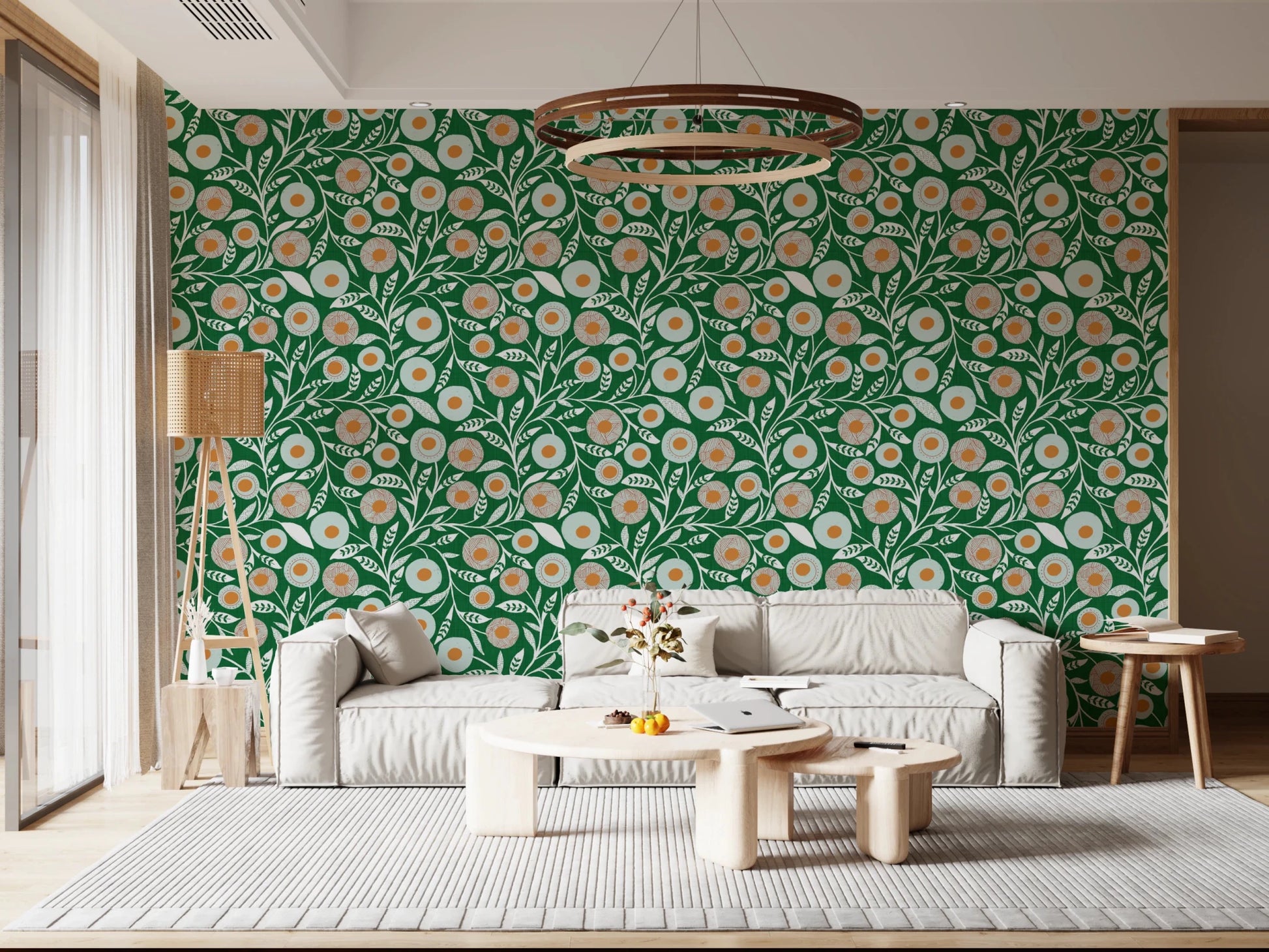 Cozy Scandi Folk Floral Olive Chartreuse - Craft Botanical Wallpaper⁠