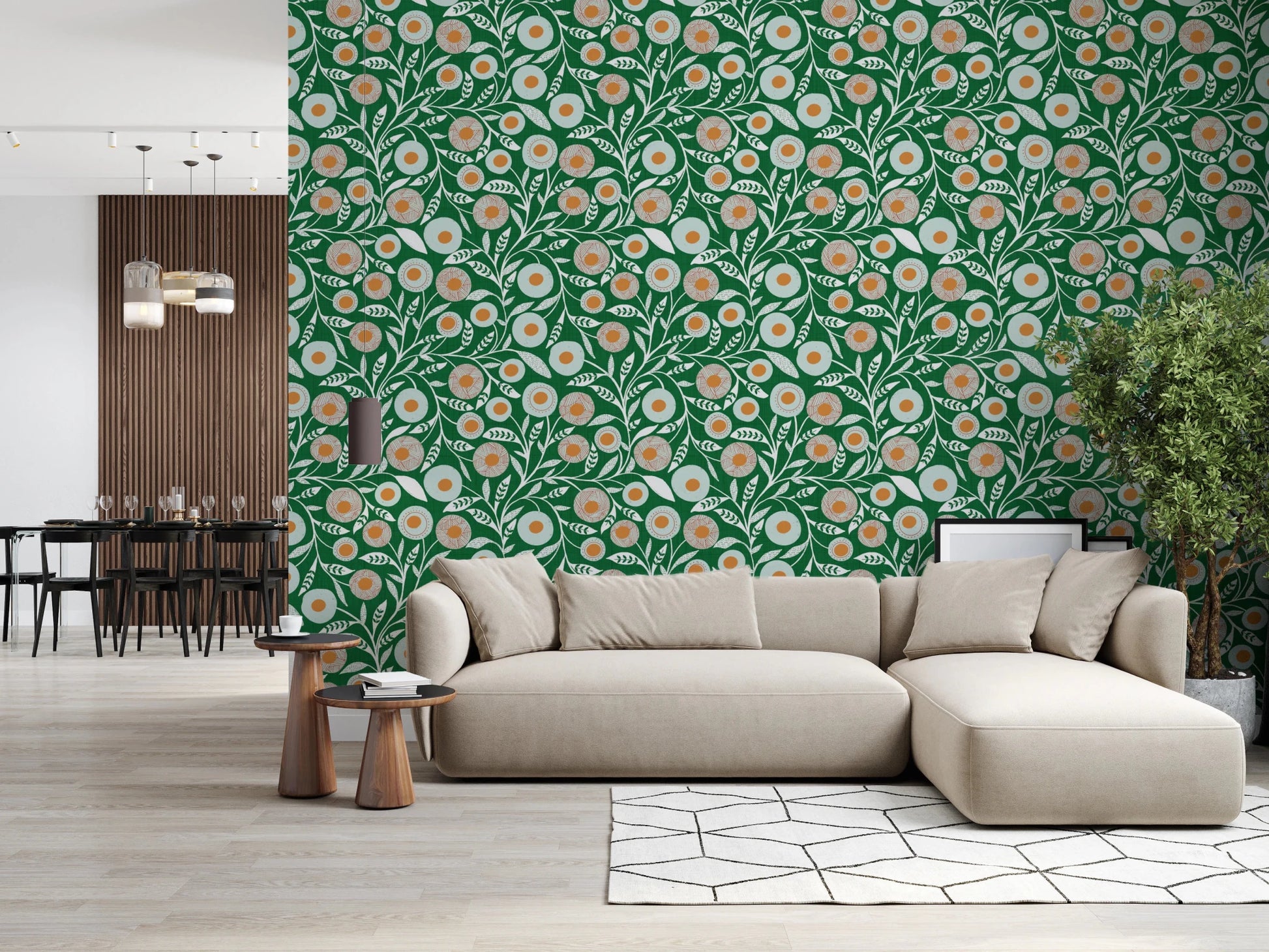 Cozy Scandi Folk Floral Olive Chartreuse - Craft Botanical Wallpaper⁠
