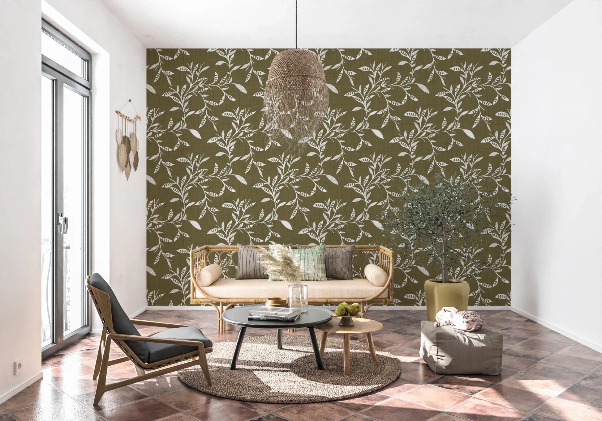 Cozy Scandi Folk Leaf Vine Earthy Olive - Craft Blender Wallpaper⁠