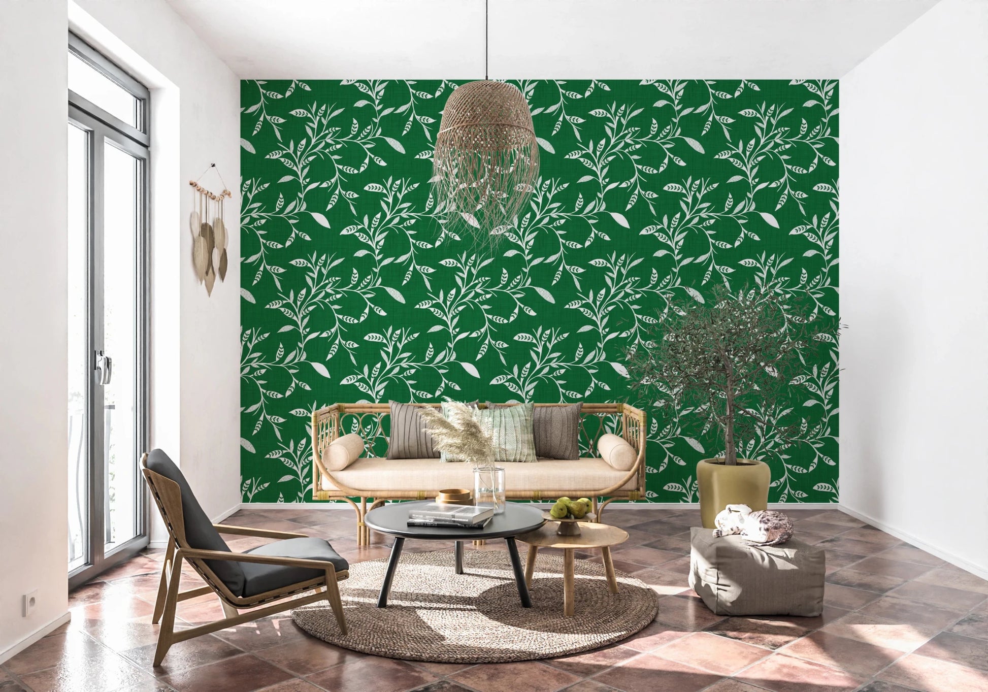Cozy Scandi Folk Leaf Vine Forest Green - Craft Blender Wallpaper⁠