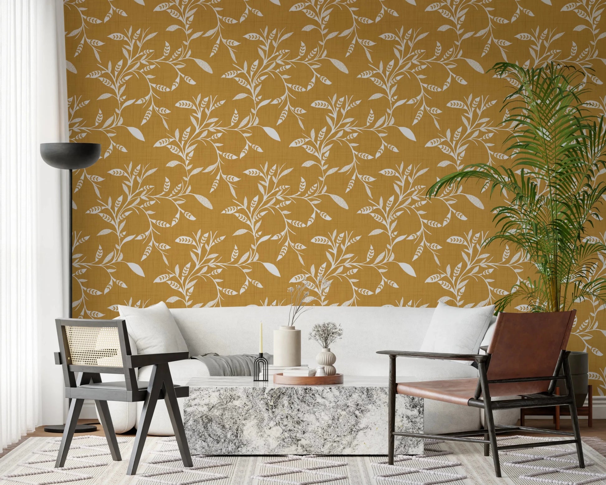 Cozy Scandi Folk Leaf Vine Honey Mustard - Craft Blender Wallpaper⁠
