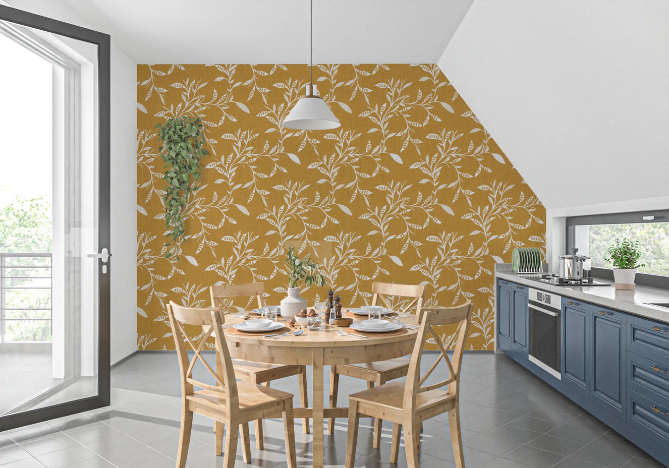 Cozy Scandi Folk Leaf Vine Honey Mustard - Craft Blender Wallpaper⁠