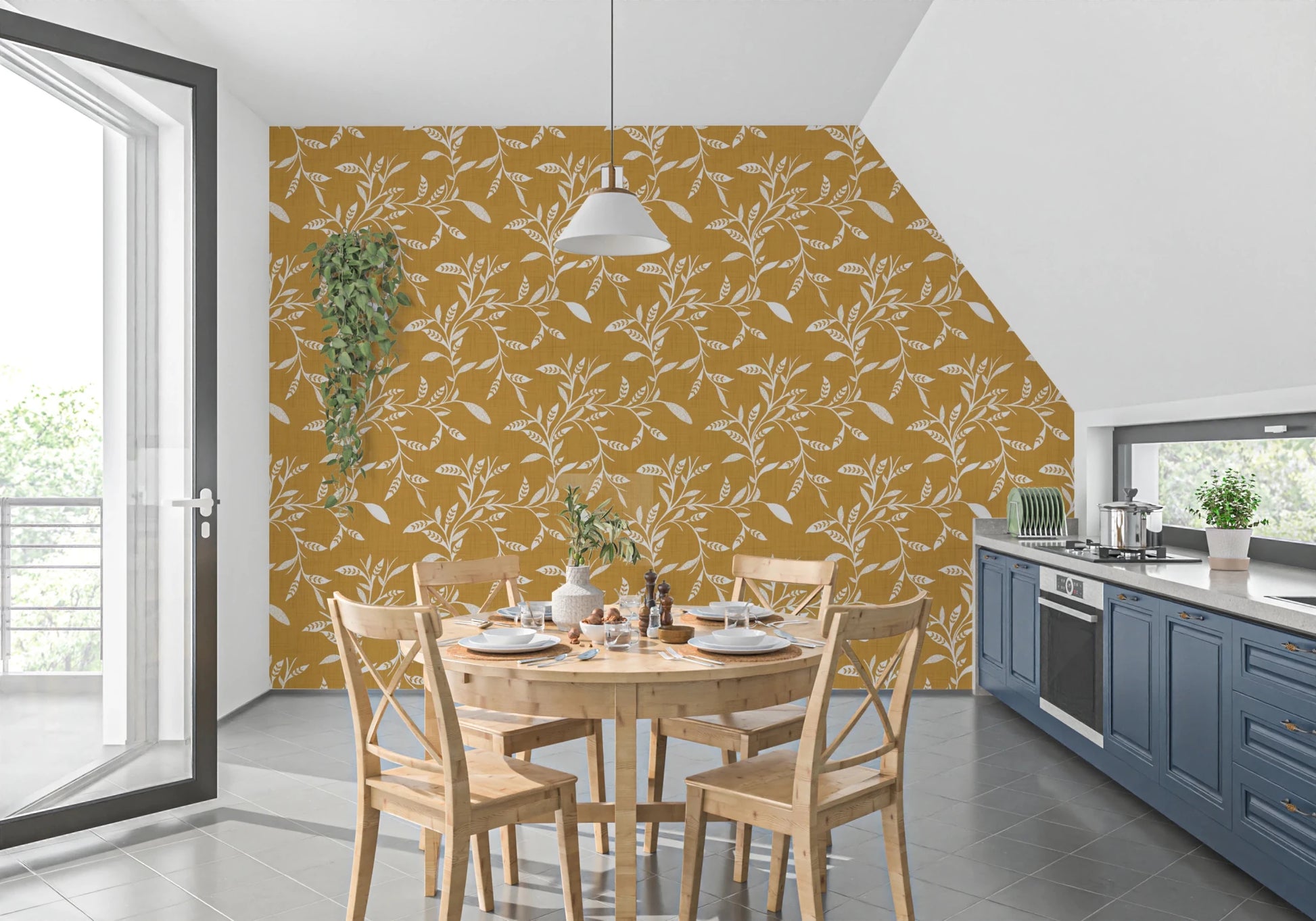 Cozy Scandi Folk Leaf Vine Honey Mustard - Craft Blender Wallpaper⁠