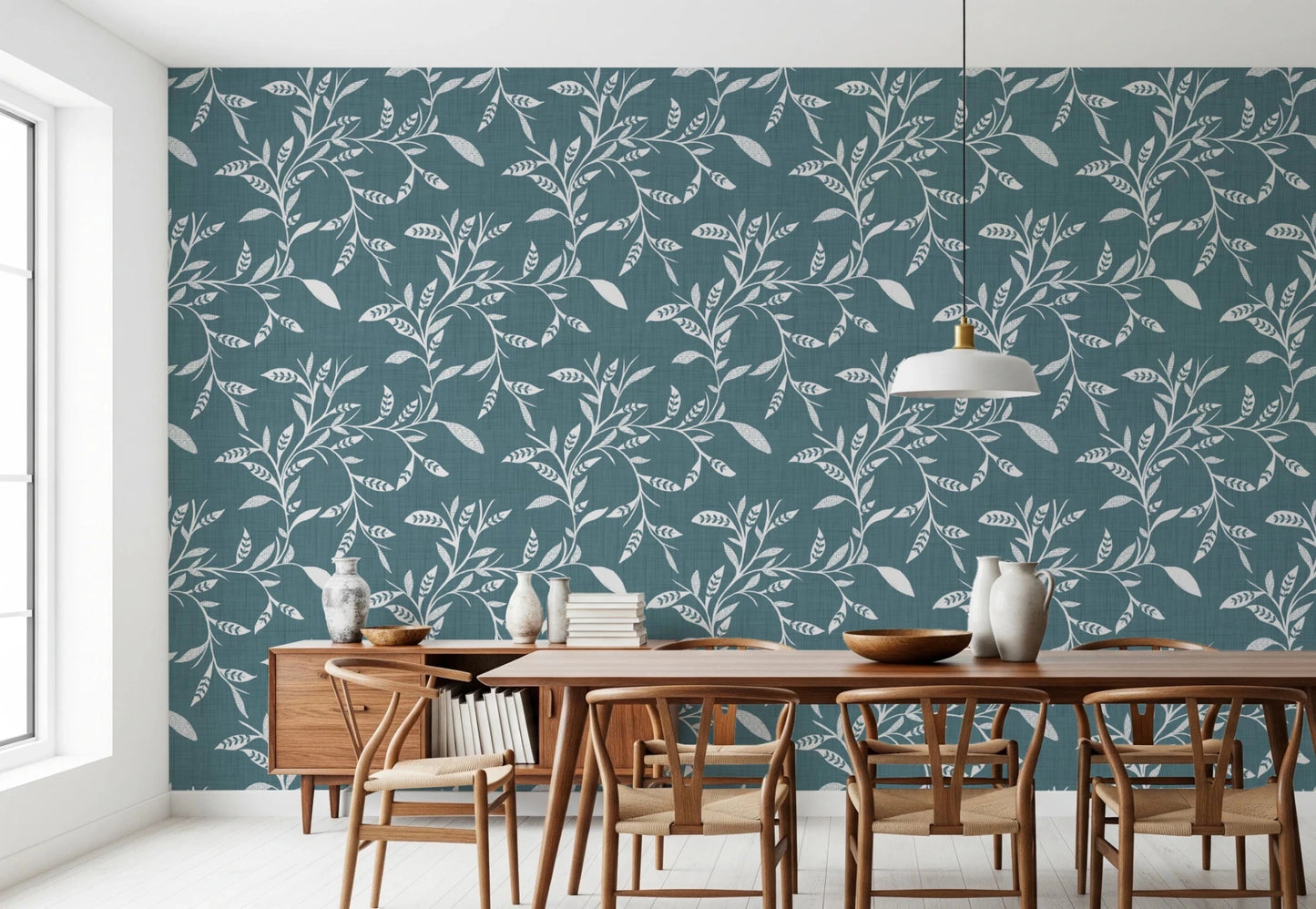 Cozy Scandi Folk Leaf Vine Nordic Blue Grey - Craft Blender Wallpaper⁠