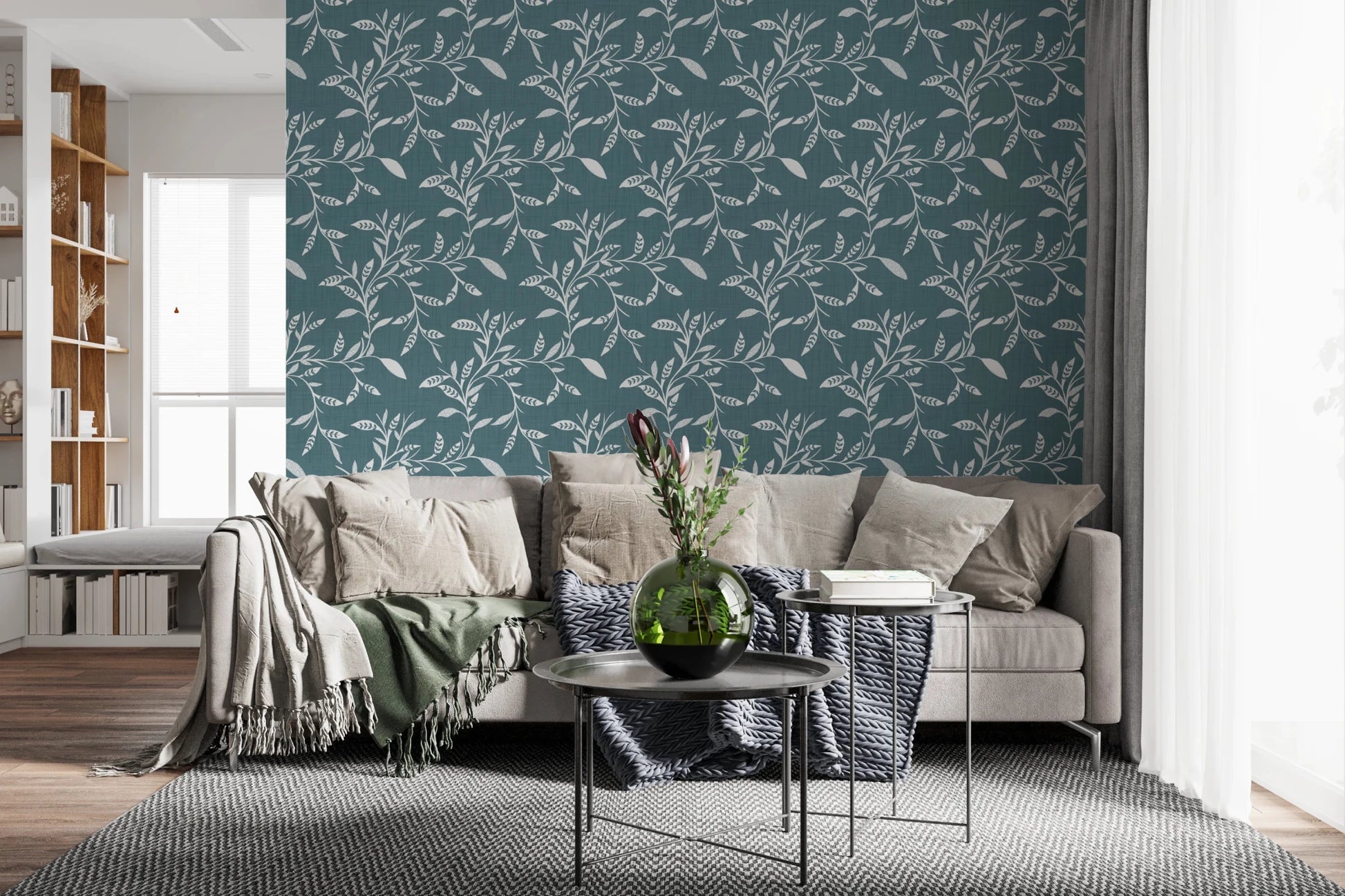 Cozy Scandi Folk Leaf Vine Nordic Blue Grey - Craft Blender Wallpaper⁠