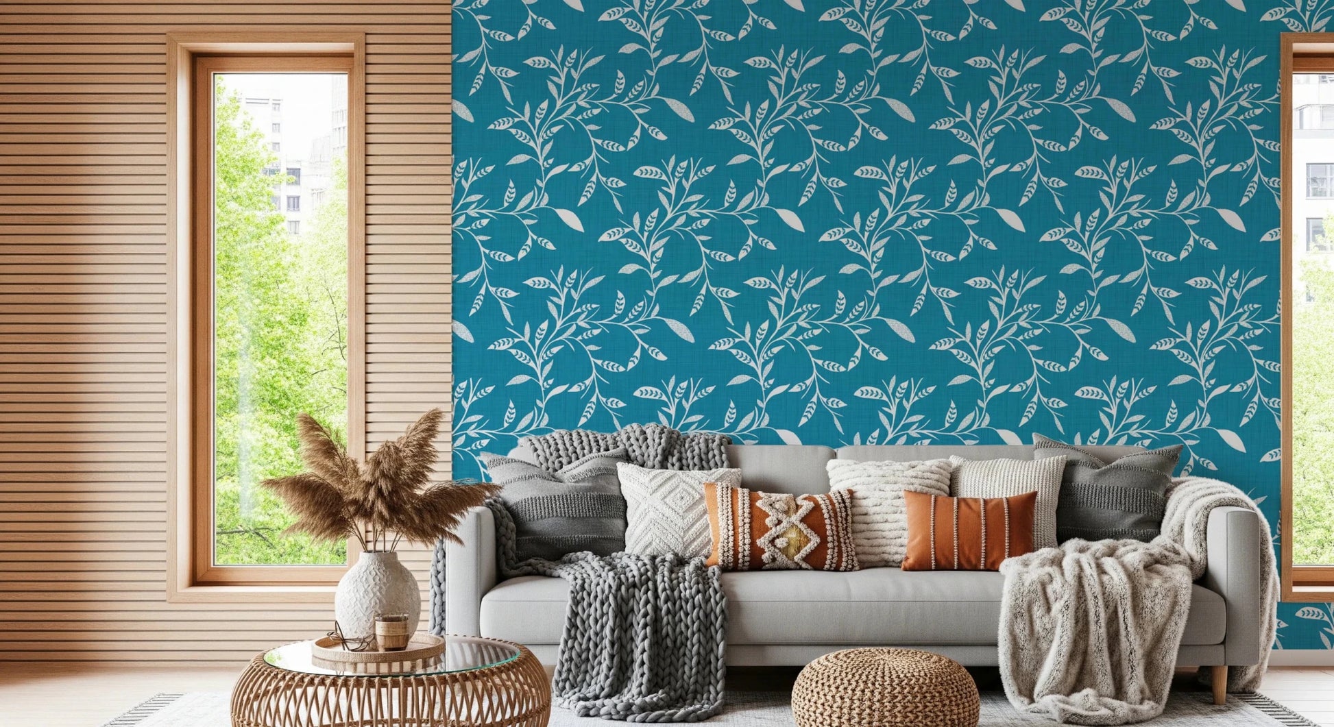 Cozy Scandi Folk Leaf Vine Nordic Teal - Craft Blender Wallpaper⁠