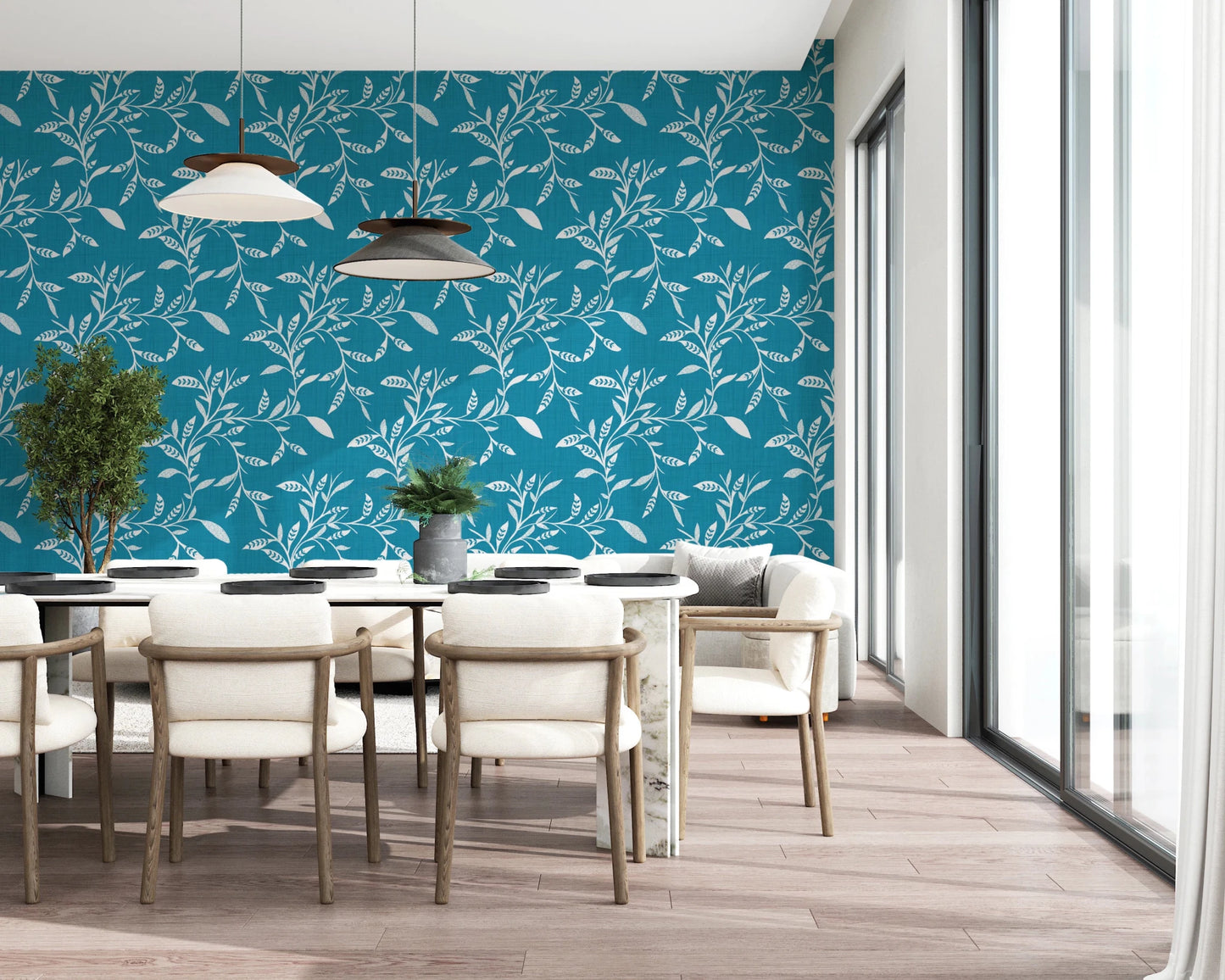 Cozy Scandi Folk Leaf Vine Nordic Teal - Craft Blender Wallpaper⁠