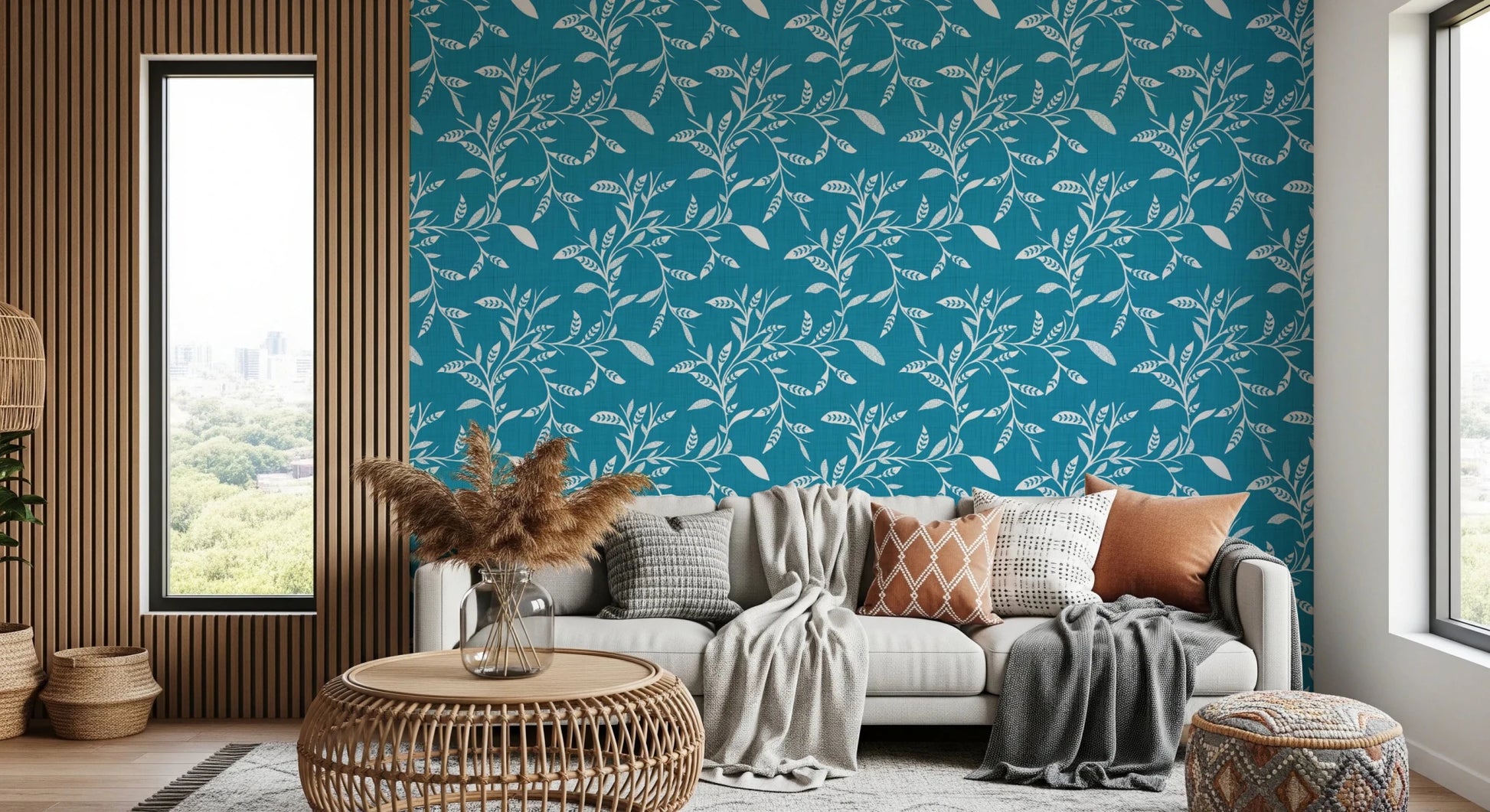 Cozy Scandi Folk Leaf Vine Nordic Teal - Craft Blender Wallpaper⁠