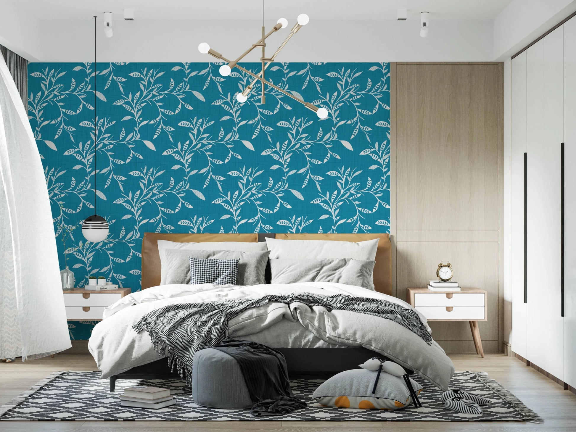 Cozy Scandi Folk Leaf Vine Nordic Teal - Craft Blender Wallpaper⁠