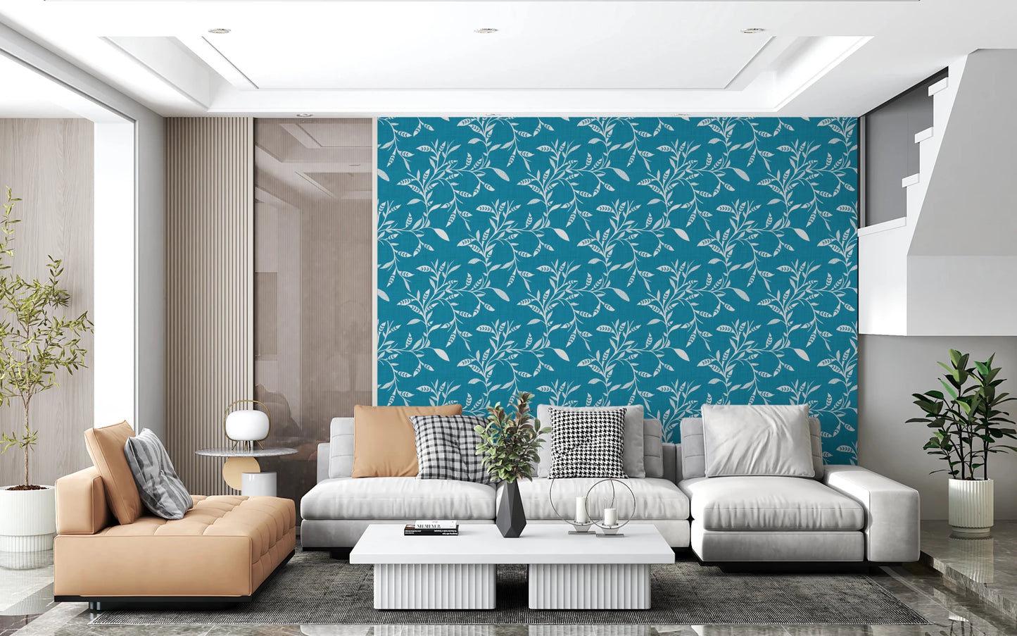 Cozy Scandi Folk Leaf Vine Nordic Teal - Craft Blender Wallpaper⁠