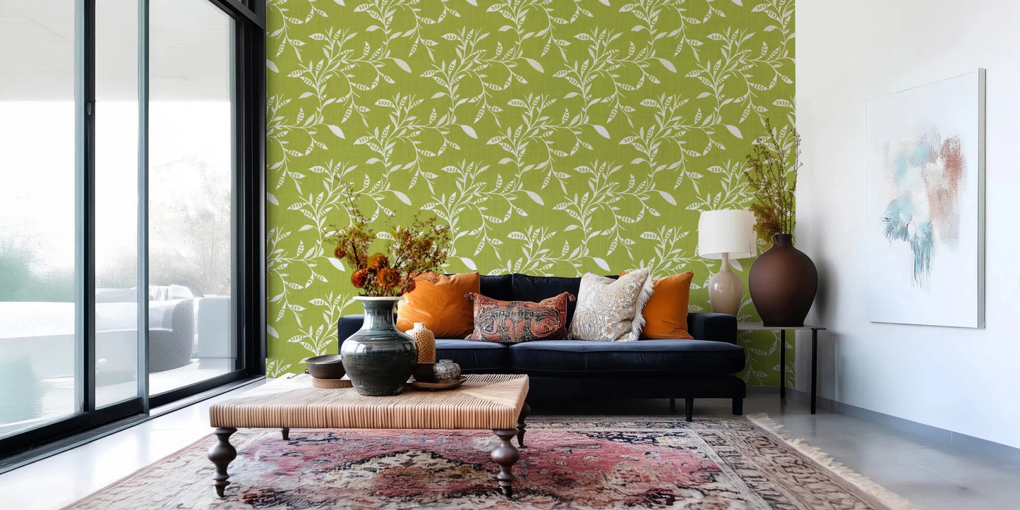 Cozy Scandi Folk Leaf Vine Olive Chartreuse - Craft Blender Wallpaper⁠