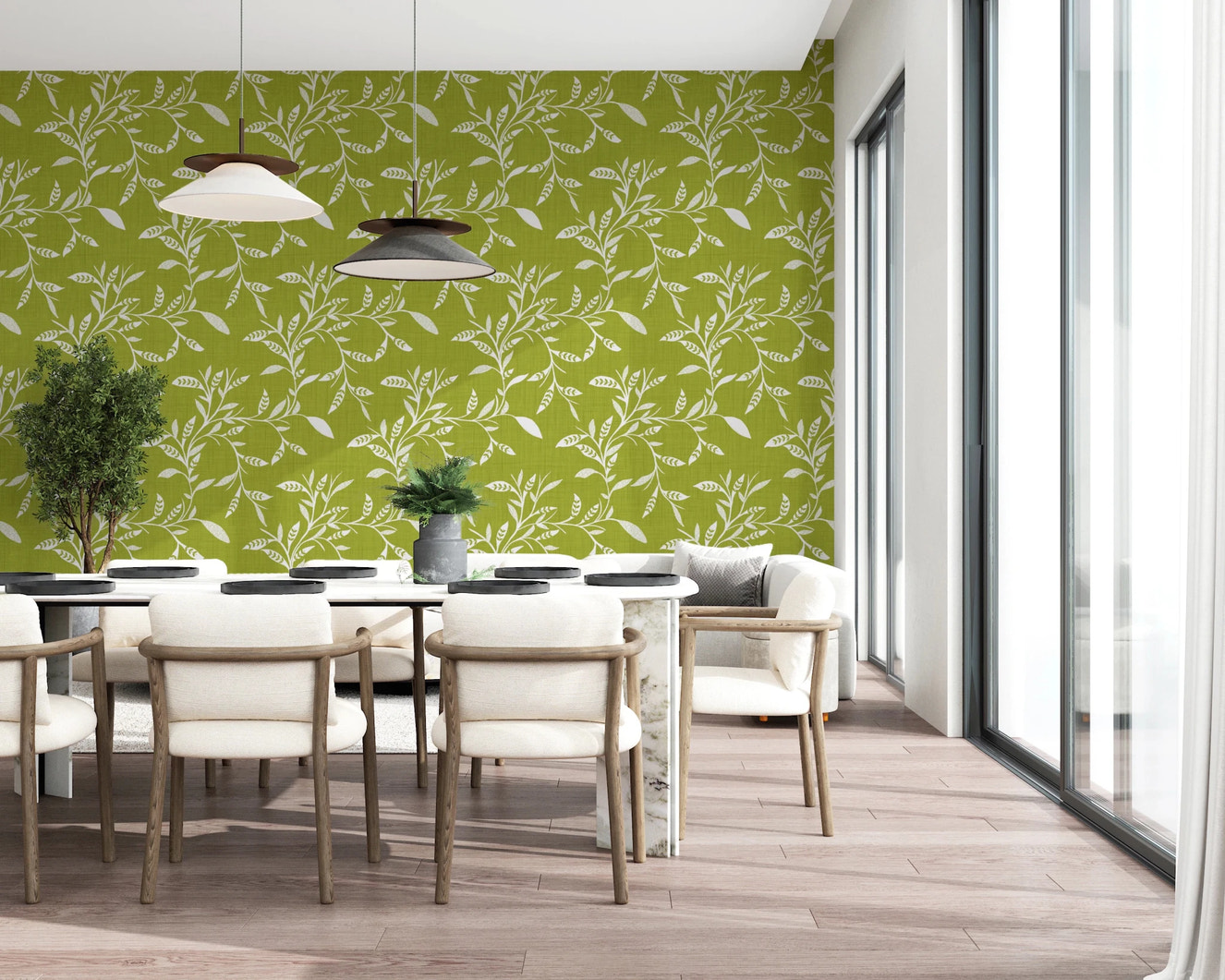 Cozy Scandi Folk Leaf Vine Olive Chartreuse - Craft Blender Wallpaper⁠