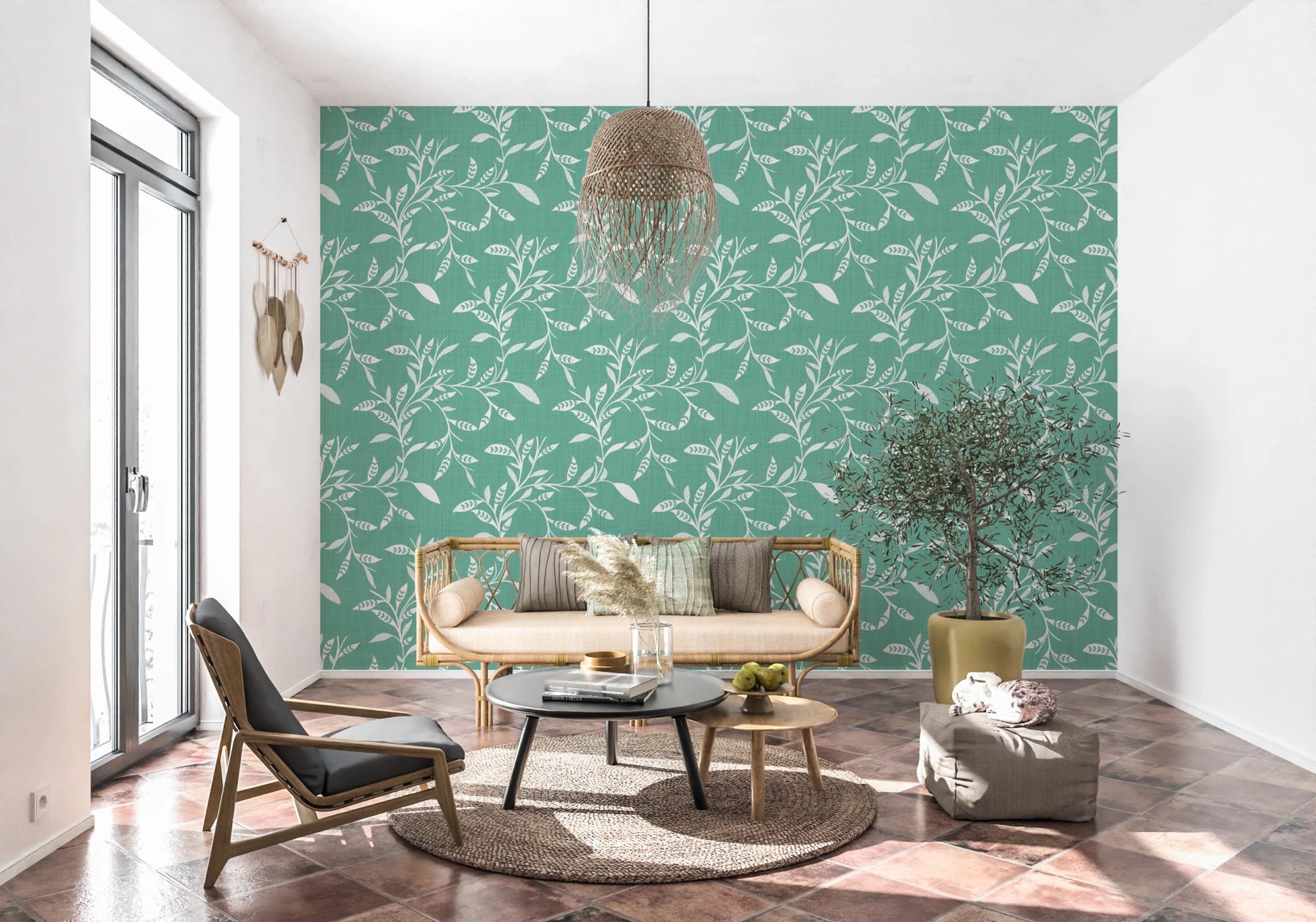 Cozy Scandi Folk Leaf Vine Sage Mint - Craft Blender Wallpaper⁠