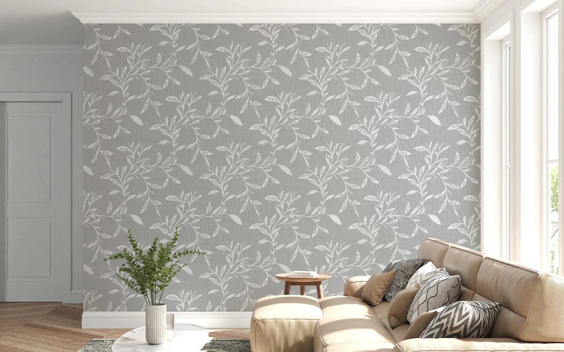 Cozy Scandi Folk Leaf Vine Warm Linen - Craft Blender Wallpaper⁠