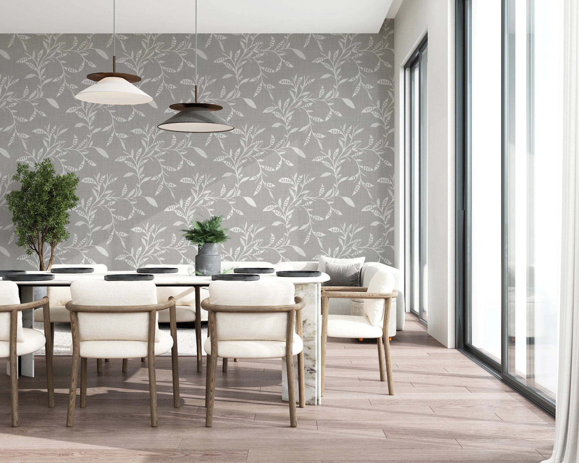Cozy Scandi Folk Leaf Vine Warm Linen - Craft Blender Wallpaper⁠