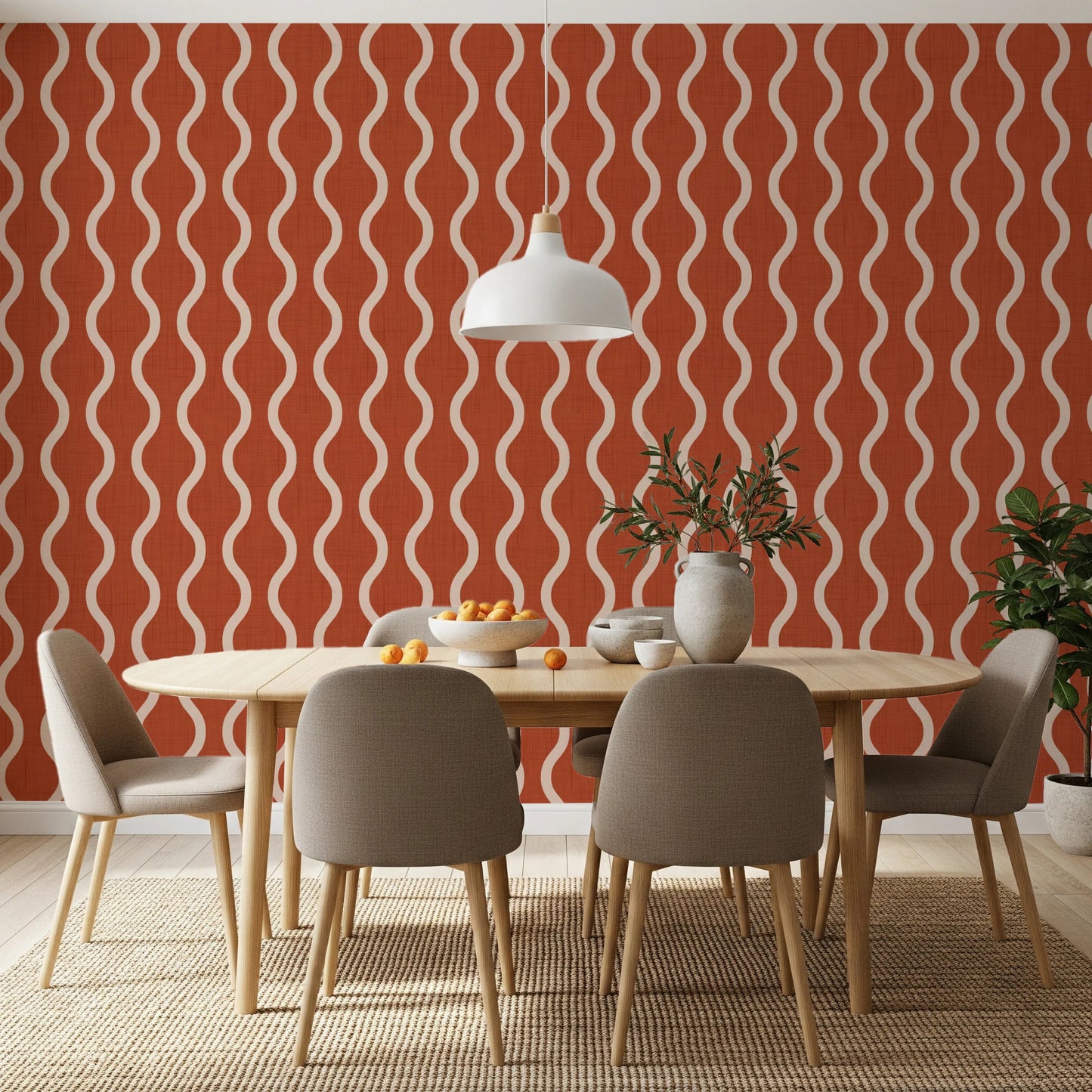 Cozy Scandi Folk Wavy Stripe Burnt Terracotta - Craft Stripe Wallpaper⁠