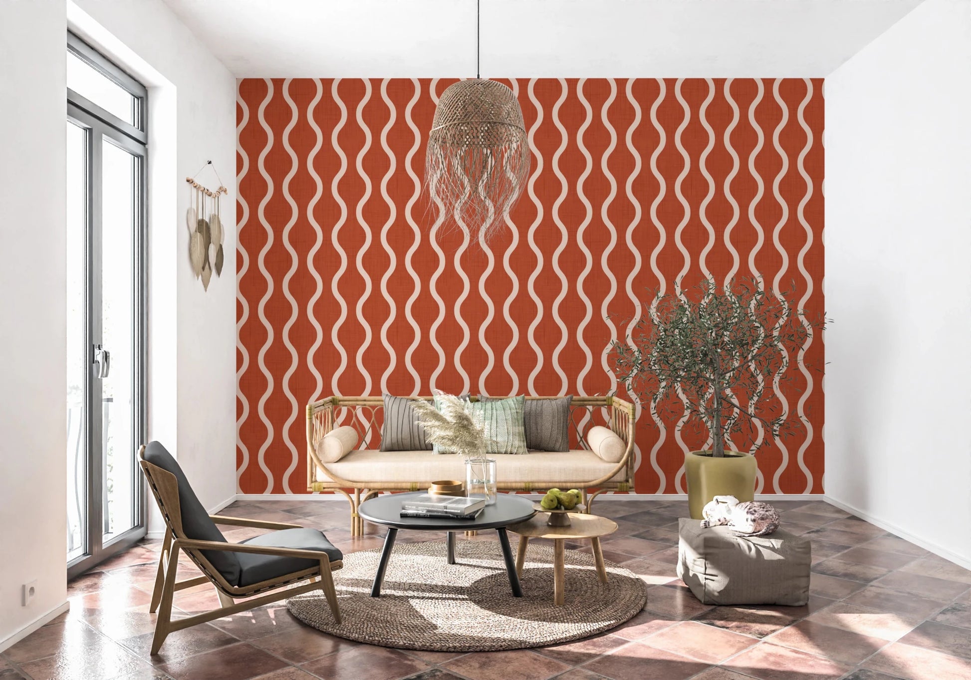 Cozy Scandi Folk Wavy Stripe Burnt Terracotta - Craft Stripe Wallpaper⁠