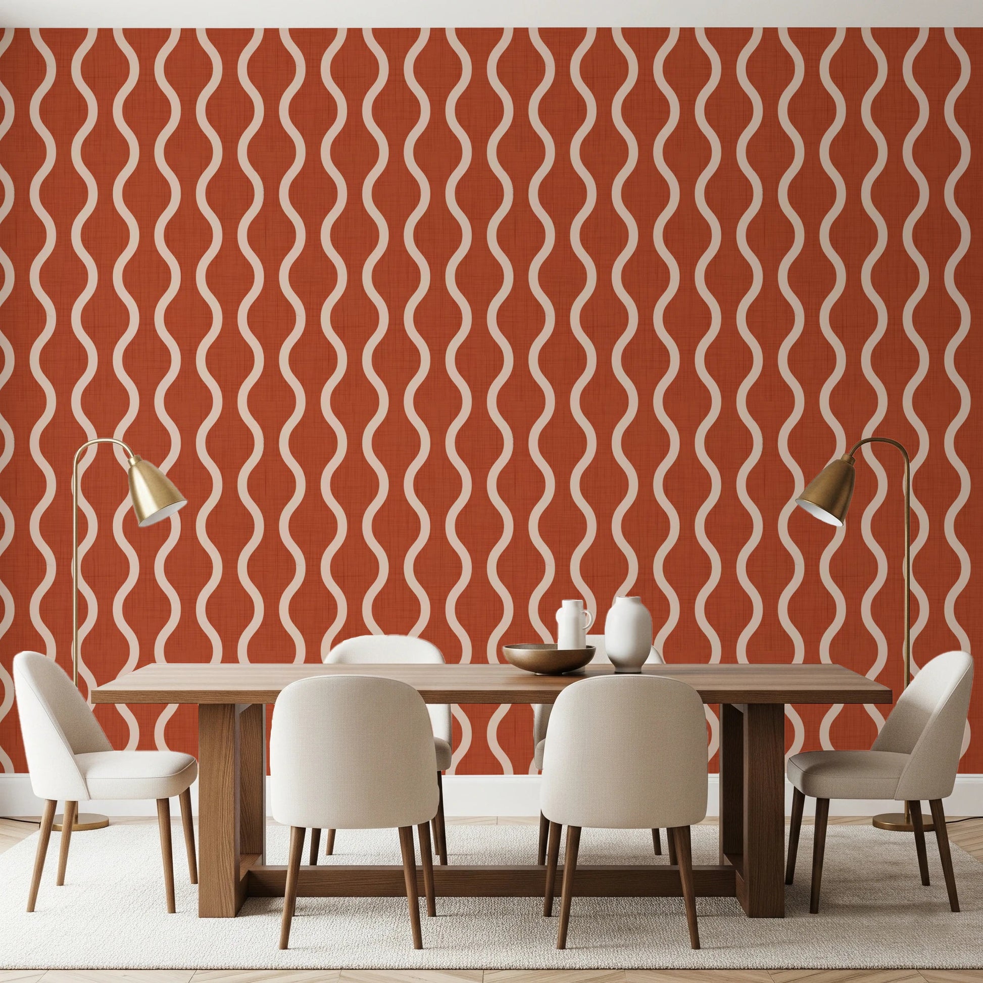 Cozy Scandi Folk Wavy Stripe Burnt Terracotta - Craft Stripe Wallpaper⁠