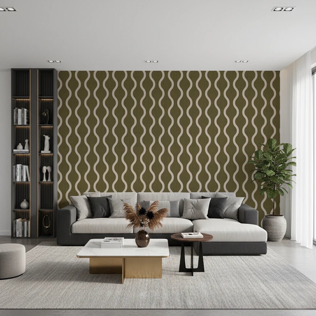 Cozy Scandi Folk Wavy Stripe Earthy Olive - Craft Stripe Wallpaper⁠