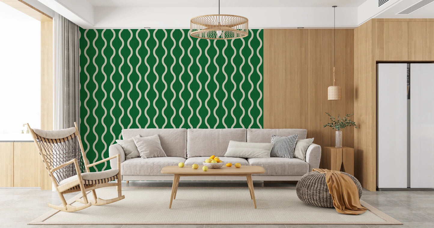Cozy Scandi Folk Wavy Stripe Forest Green - Craft Stripe Wallpaper⁠