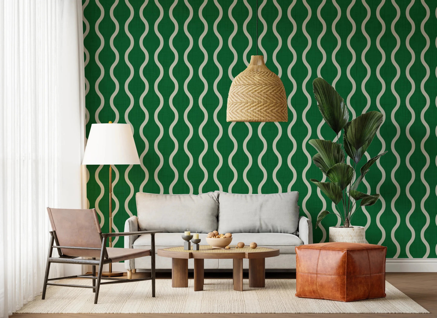 Cozy Scandi Folk Wavy Stripe Forest Green - Craft Stripe Wallpaper⁠