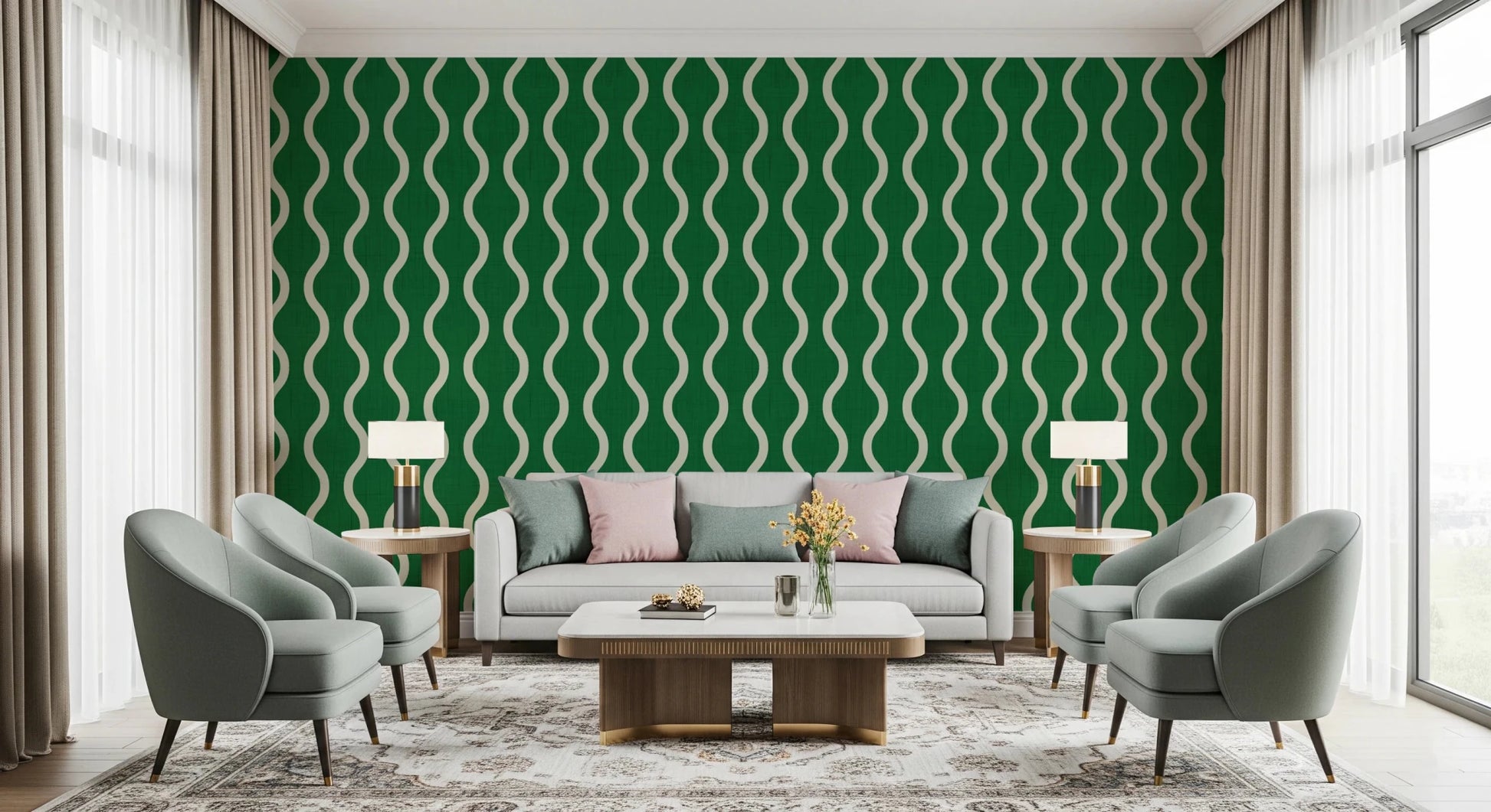 Cozy Scandi Folk Wavy Stripe Forest Green - Craft Stripe Wallpaper⁠