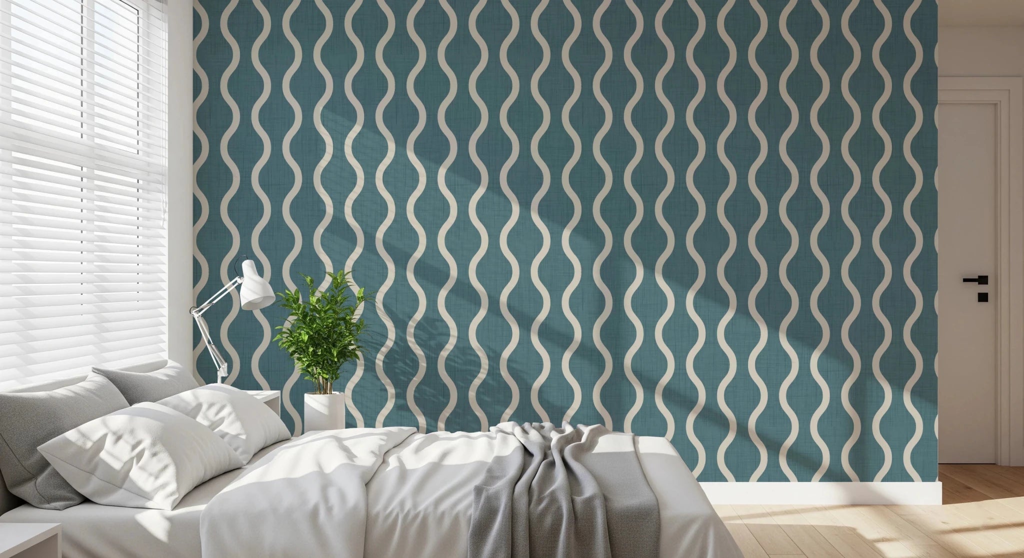 Cosy Scandi Folk Wavy Stripe Nordic Blue Grey Wallpaper Decor