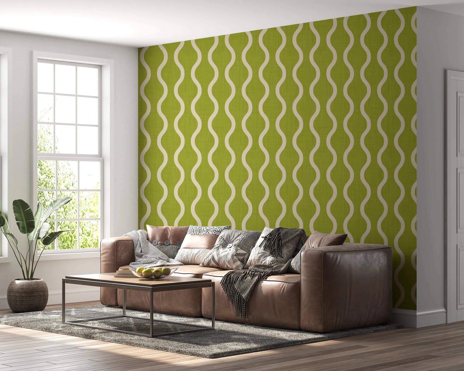 Cozy Scandi Folk Wavy Stripe Olive Chartreuse - Craft Stripe Wallpaper⁠