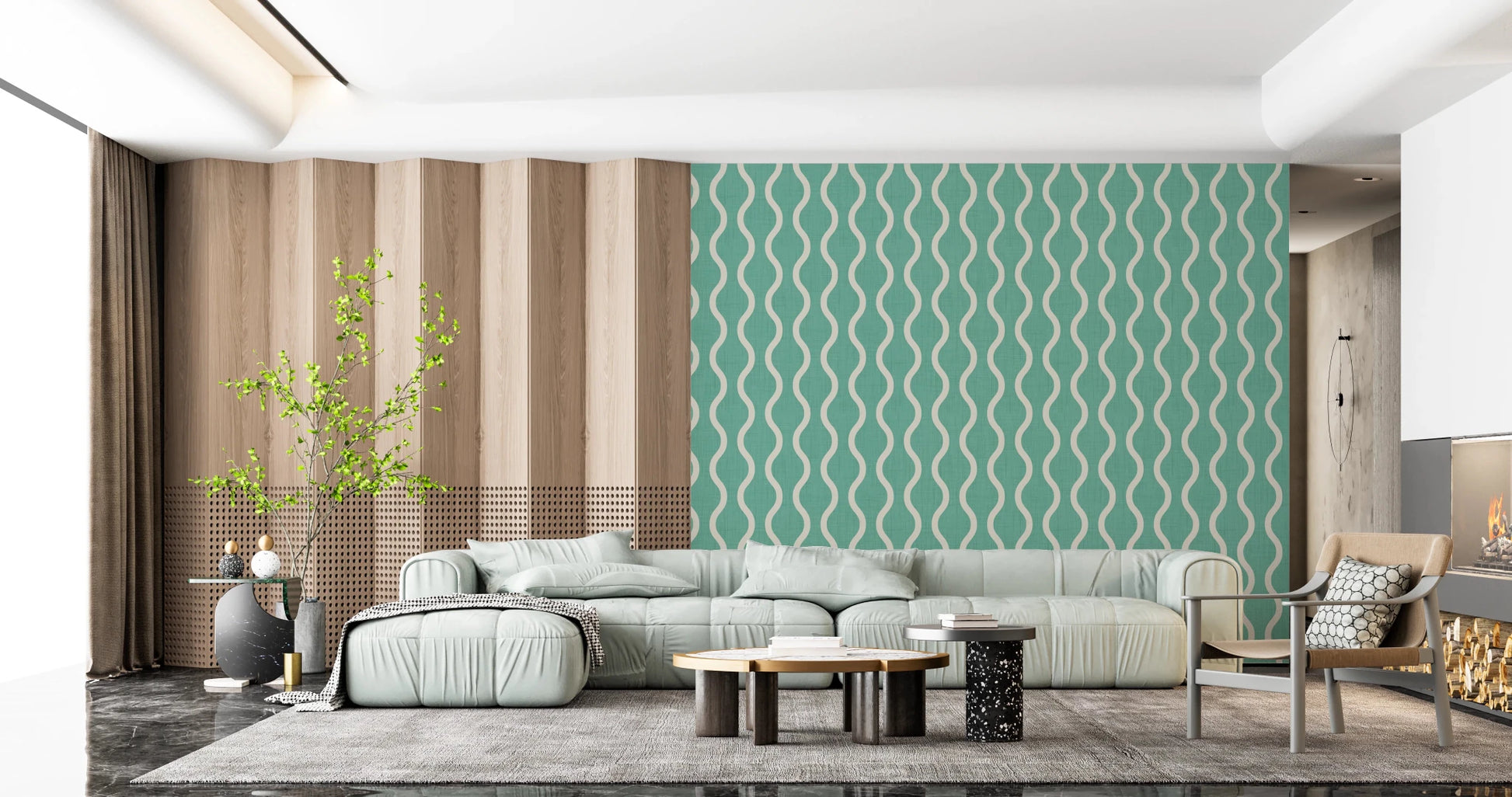 Cozy Scandi Folk Wavy Stripe Sage Mint - Craft Stripe Wallpaper⁠