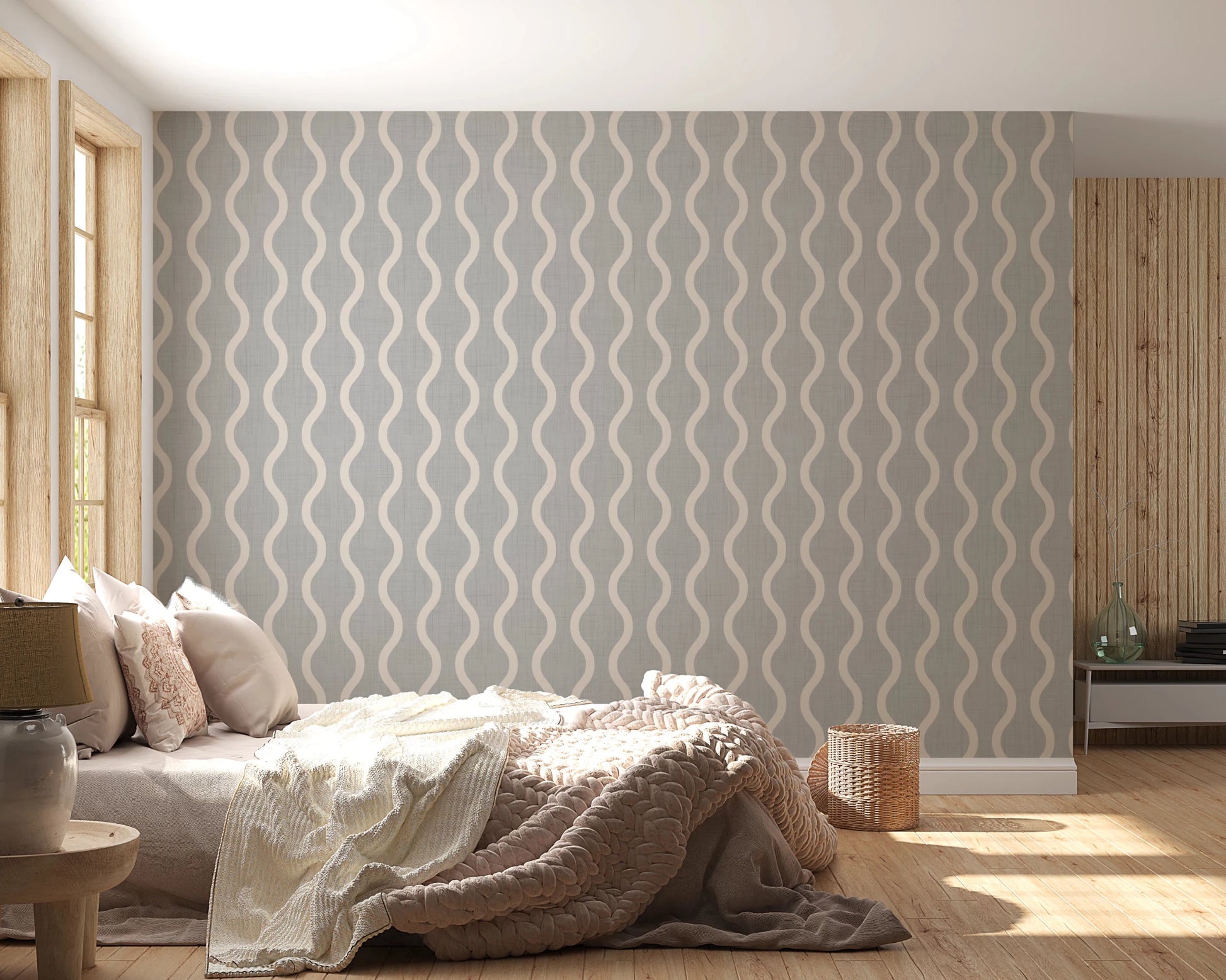 Cozy Scandi Folk Wavy Stripe Warm Linen - Craft Stripe Wallpaper⁠