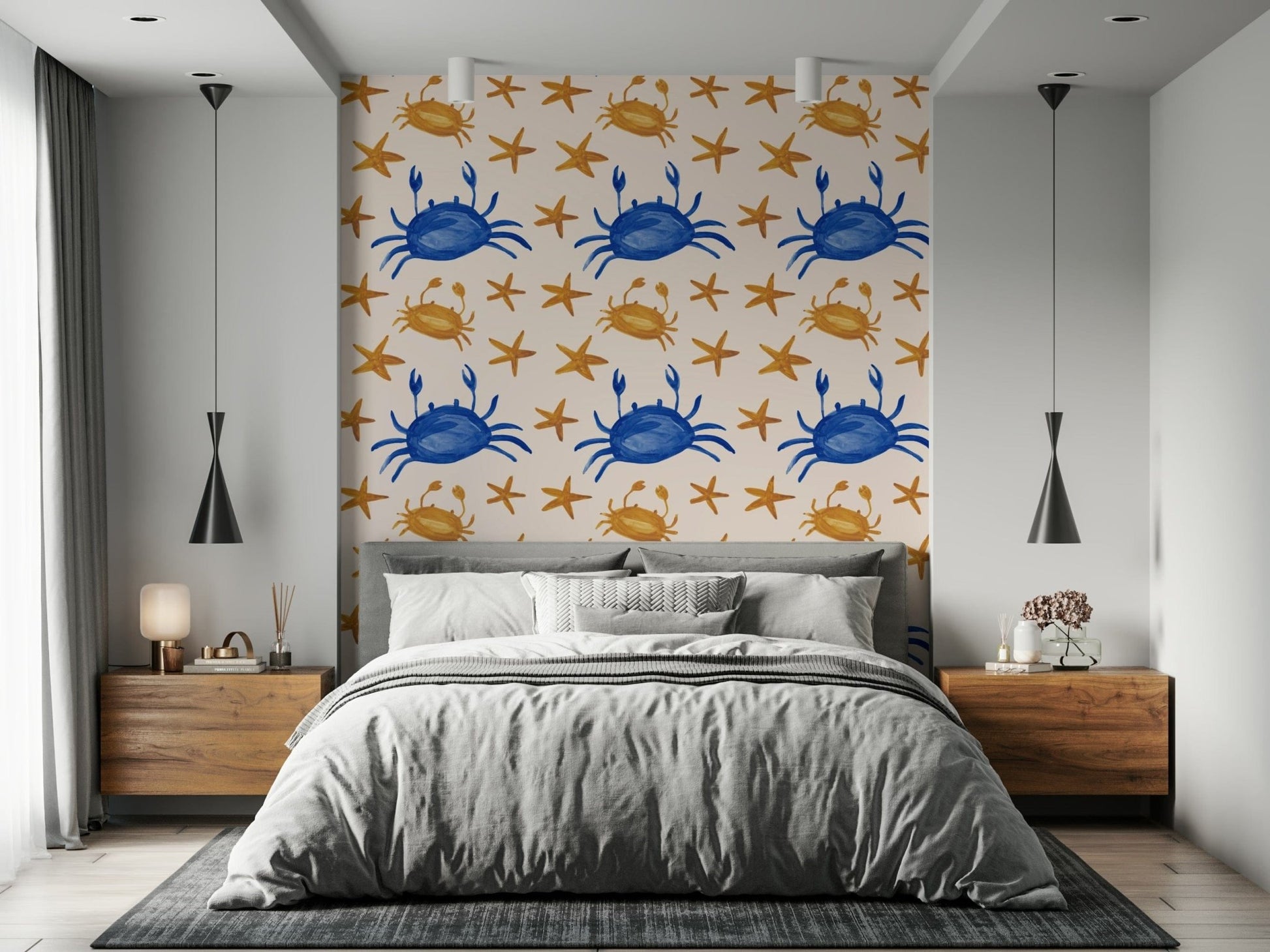 Fun ocean-themed wallpaper featuring cartoon-style crabs and stars.