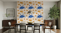 Illustrated crabs and stars wallpaper with a light, cheerful aesthetic.