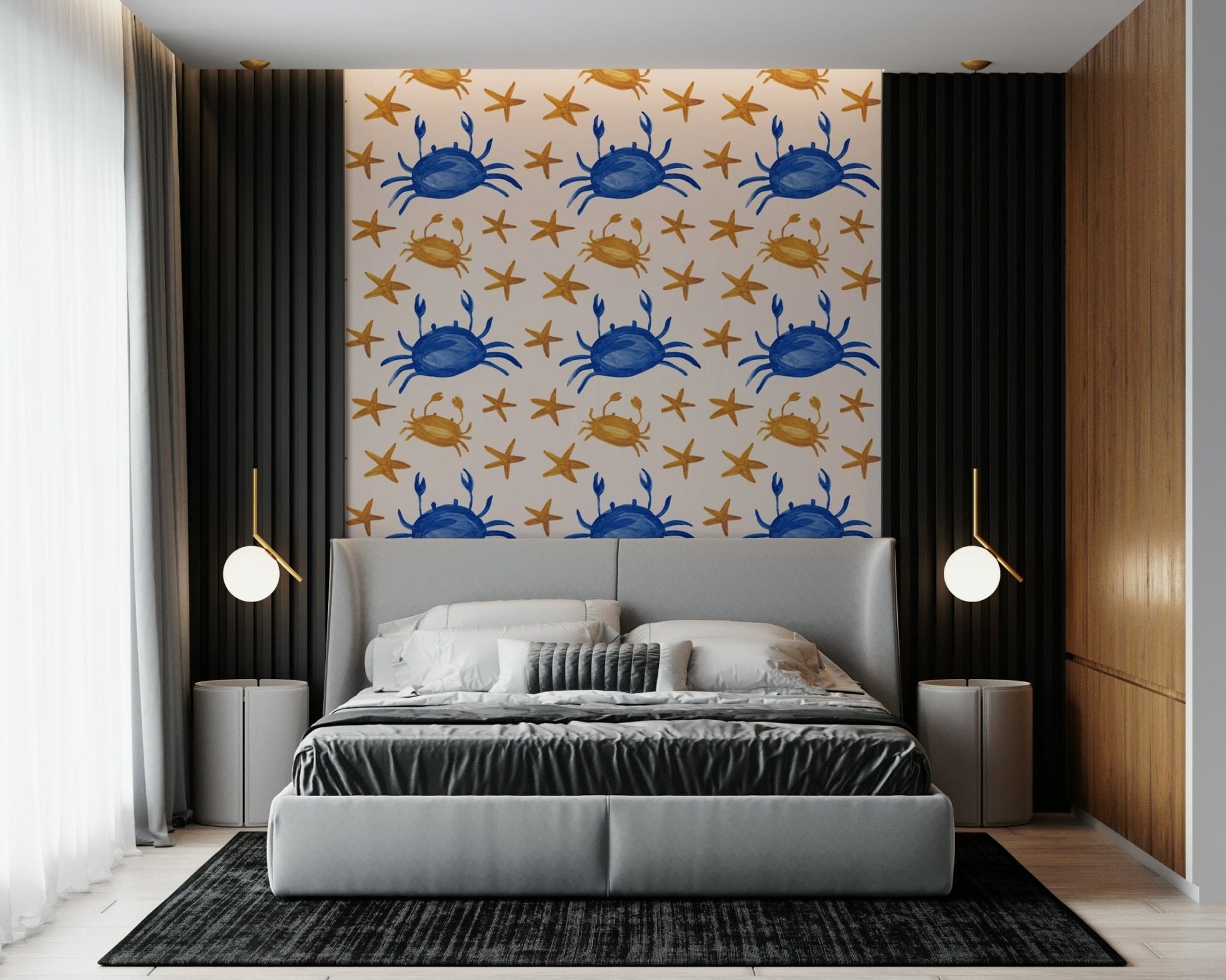 Whimsical wallpaper with charming crabs and scattered star shapes.