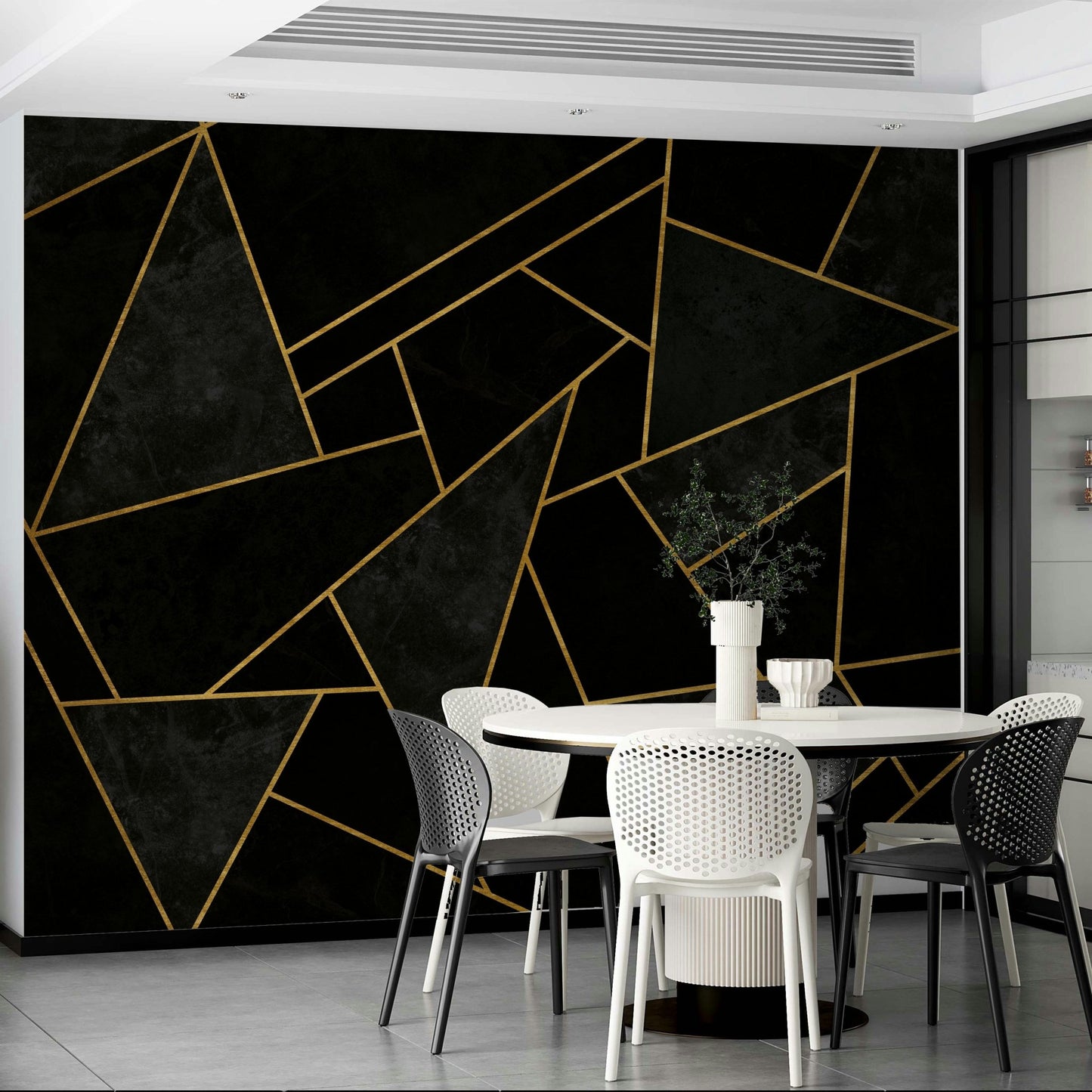 Modern black mosaic mural evoking a starry night sky

