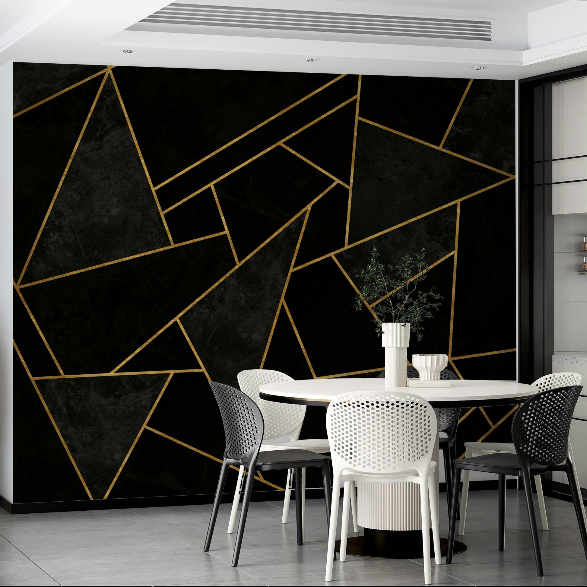 Modern black mosaic mural evoking a starry night sky

