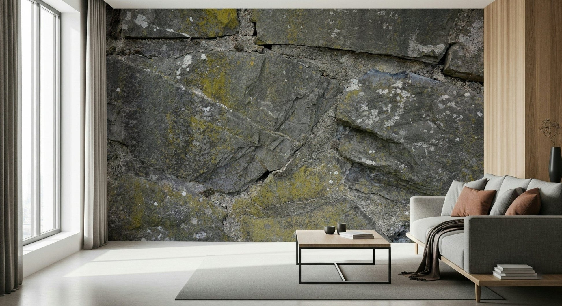Decorative wall mural combining layered cracked stone textures and neutral tones for stylish interiors.