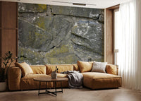 Decorative wallpaper mural mimicking aged cracked stone for authentic and rugged interior design.