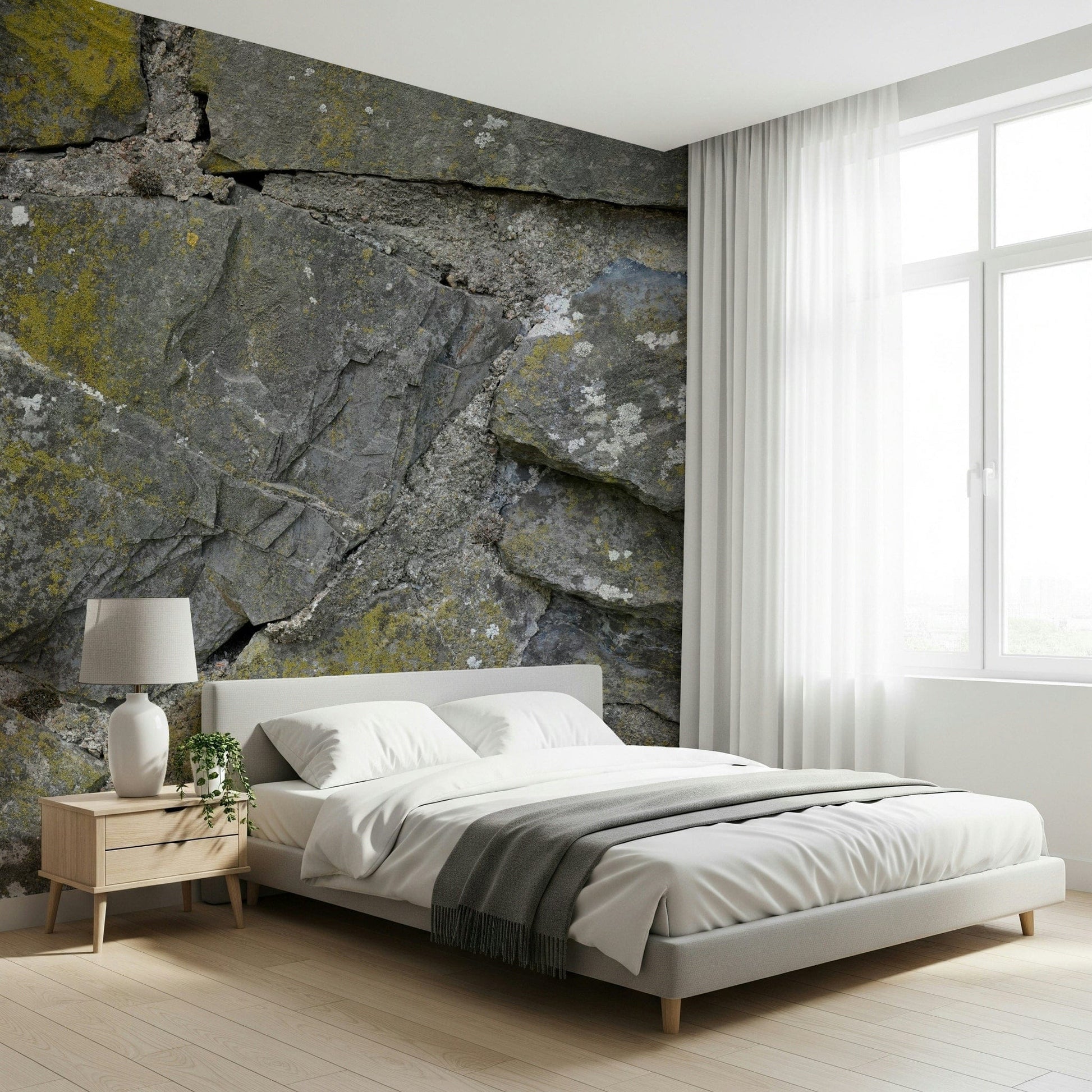 Cracked Stone Texture Wallpaper Wall Mural with rugged surfaces creating a striking, textured feature wall.